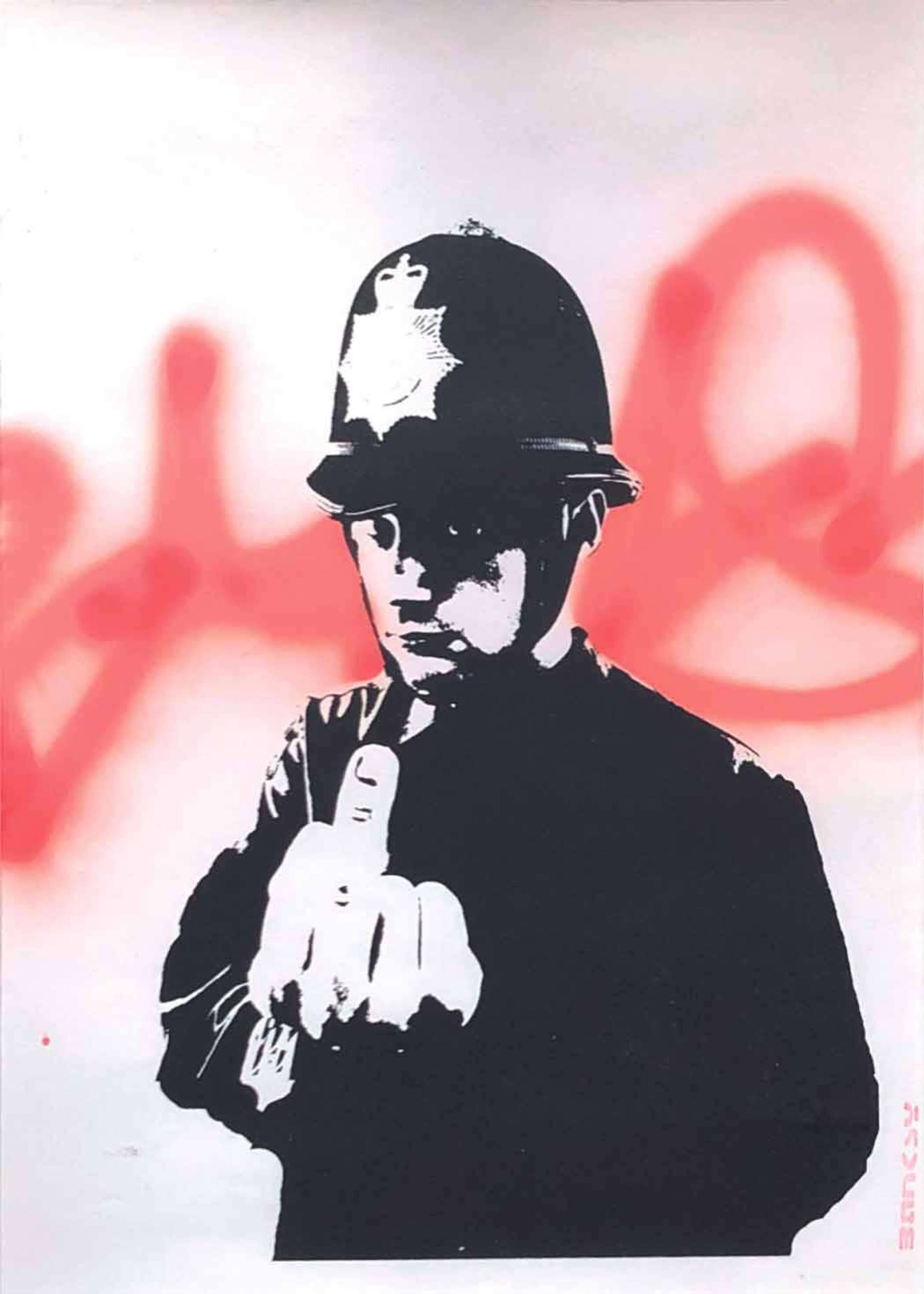 A black-and-white screenprint of a British bobby in a custodian helmet thrusting a foreshortened middle finger toward the viewer, set against a white ground with a red spray-painted swoosh.