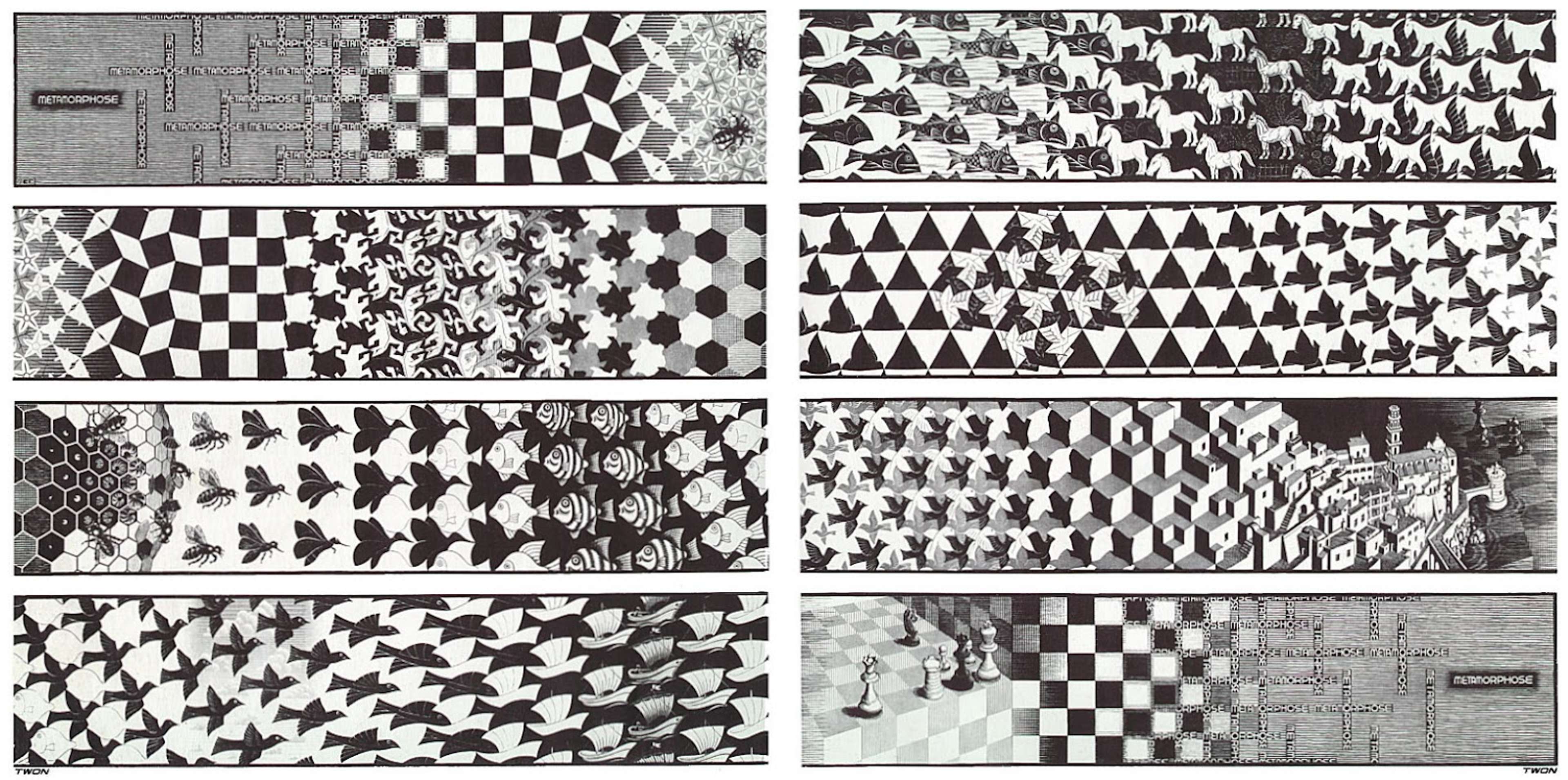 Une estampe en lithographie intitulée « Metamorphosis III » de M.C. Escher, présentant des formes géométriques imbriquées qui se transforment et évoluent en diverses formes et motifs.
