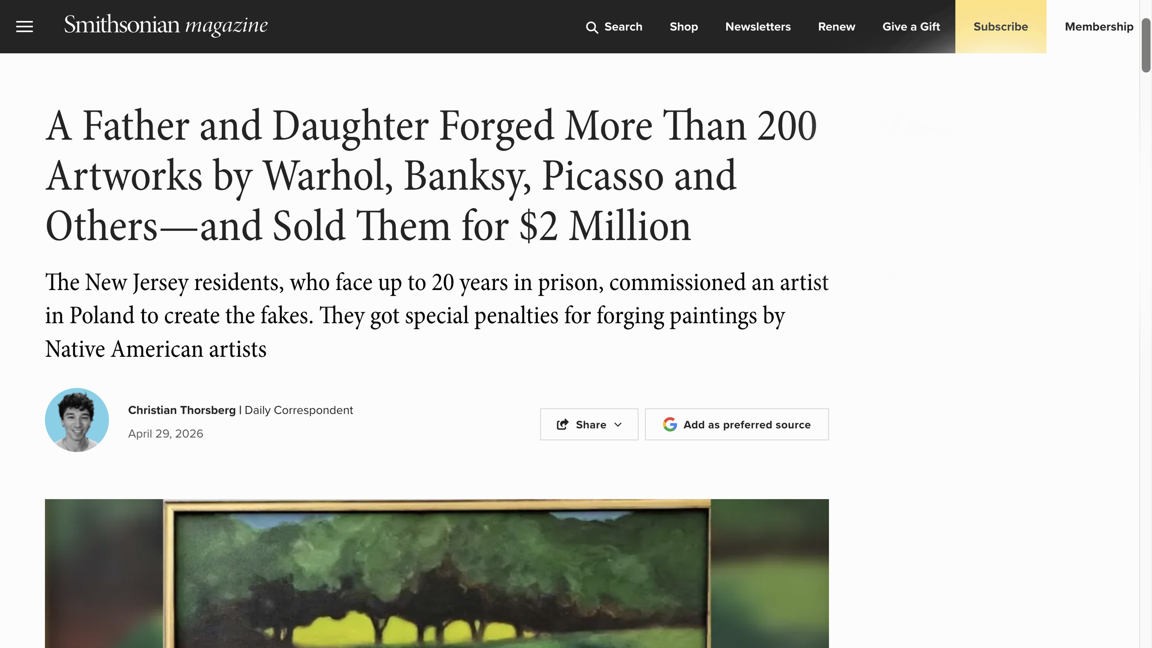 Image of online news website with headline 'a father and daughter forged more than 200 artworks by warhol, banksy, picasso and others'.