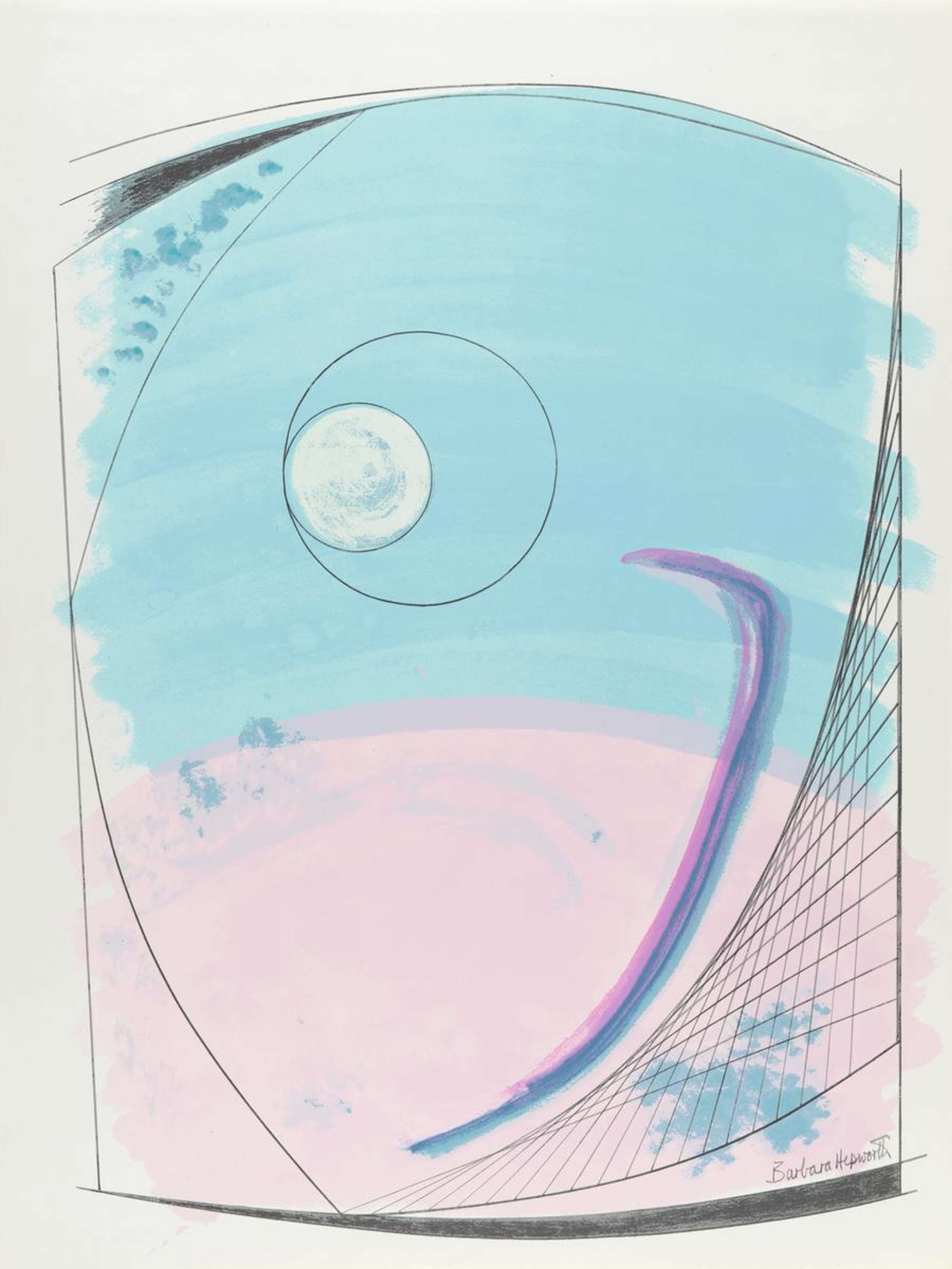 Encadrée dans un rectangle noir légèrement incliné aux côtés bombés, la partie supérieure de l'image est peinte approximativement en bleu clair, tandis que la partie inférieure est rose pâle. Une grille lignée descend en diagonale sur le côté droit, et au centre de la section bleu clair se trouve un cercle ressemblant à la lune, délimité par un autre fin cercle noir. L'œuvre s'intitule « Black Circle, The Moon ».