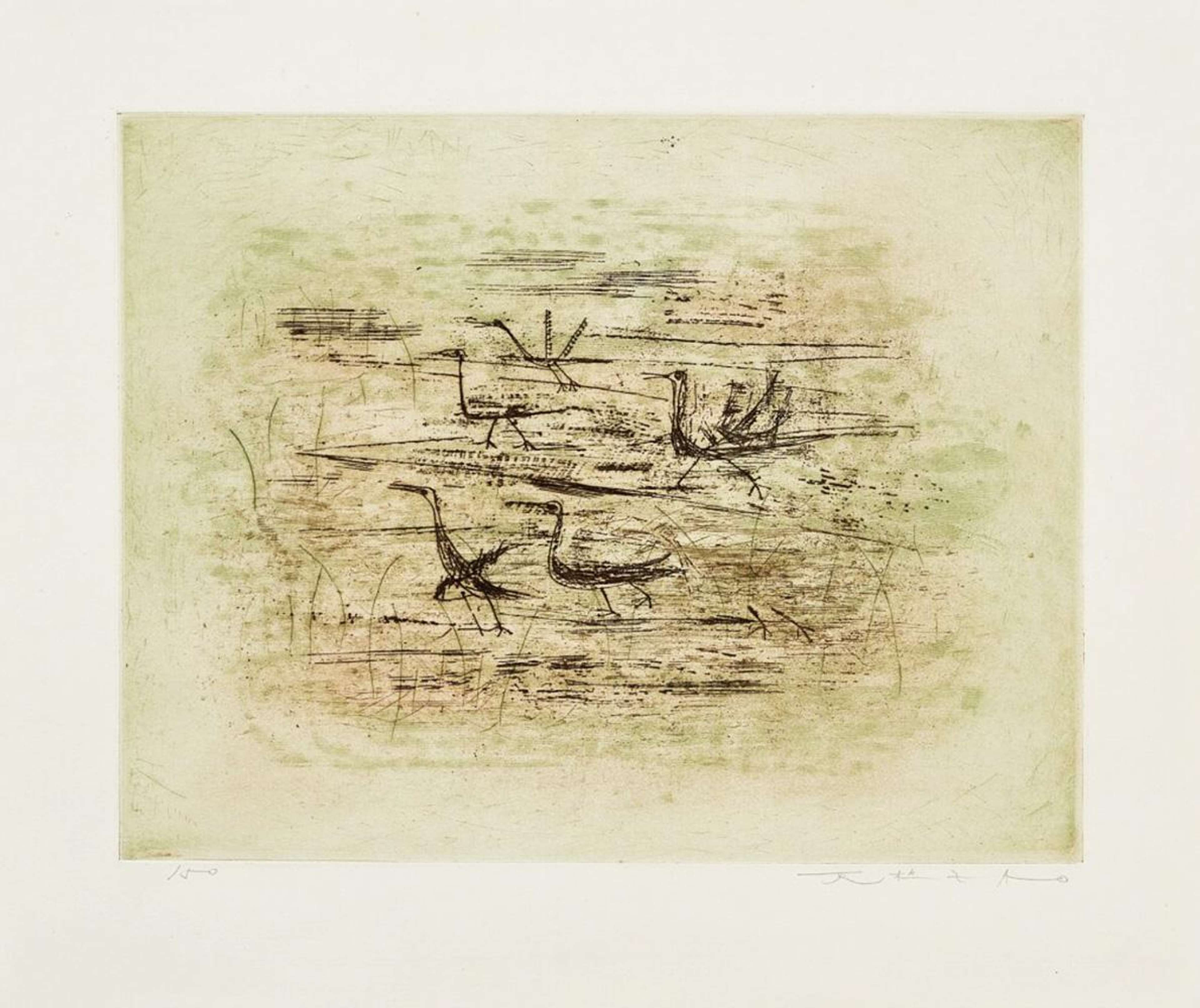 Une représentation sommaire de canards sur l'eau, gravée sur un fond texturé vert sauge. Des lignes spontanées suggèrent des roseaux perçant la surface de l'eau.