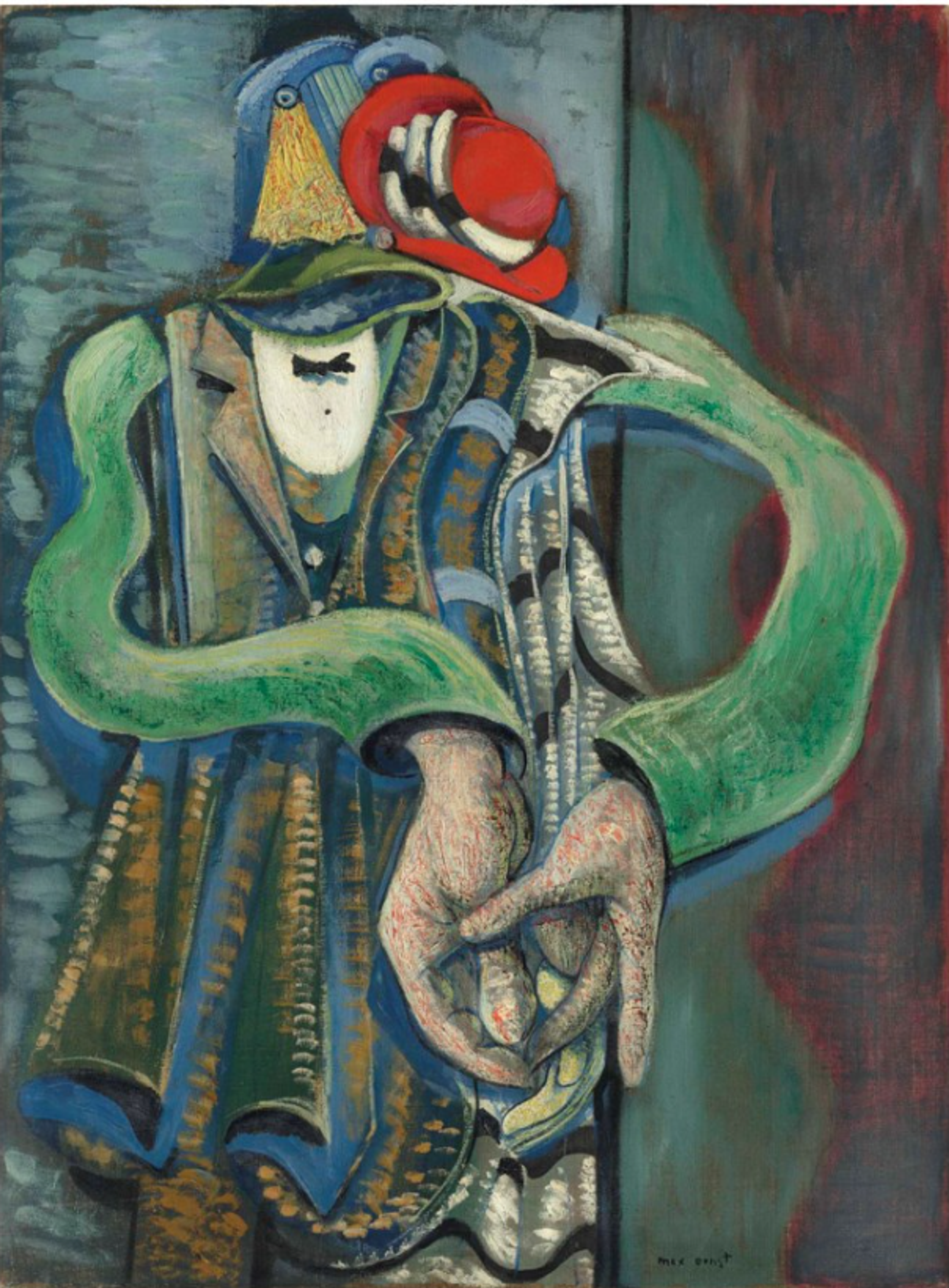 A surreal portrait of a figure with elongated, green arms and clasped hands. The figure wears a textured, patterned coat and a red hat partially covering its abstract, faceless head. The background features a mix of muted and dark tones.