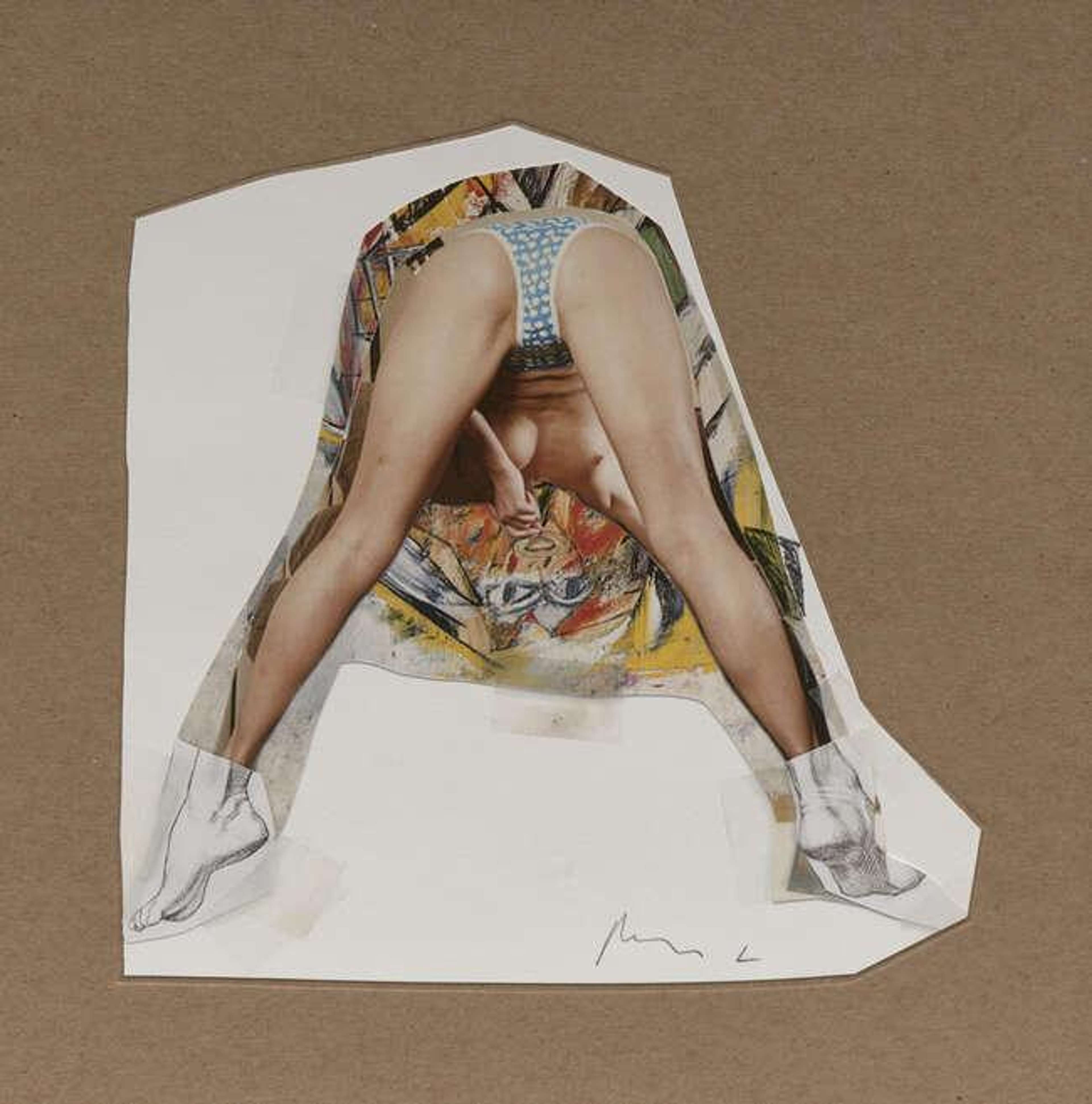 Un hommage aux peintures de femmes de Willem de Kooning. Cette œuvre représente une femme, vêtue uniquement de sous-vêtements, penchée au niveau des hanches, s'éloignant du spectateur. Sa tête a été remplacée par un portrait abstrait et coloré, et ses pieds par des dessins réalistes au crayon monochromes. Le collage dans son ensemble a été découpé grossièrement sur les bords et collé sur un fond brun.