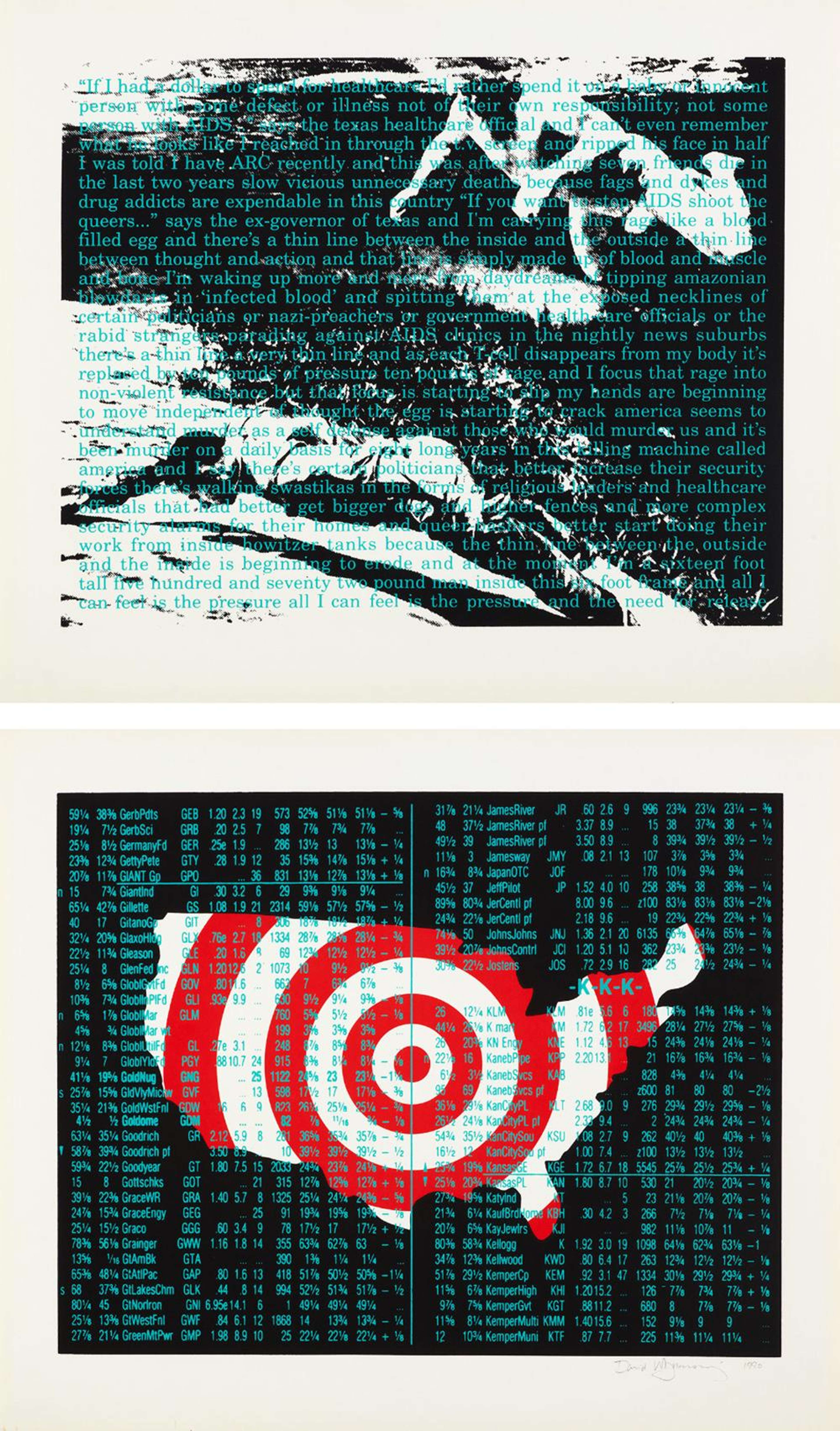 Deux estampes, principalement en noir et blanc, avec du texte bleu clair. La première estampe représente une cible en forme d'Amérique, superposée de texte incluant des pourcentages, des chiffres et des noms. La seconde estampe montre le corps d'un homme enfoncé dans le sol, avec un texte superposé tiré de l'œuvre de Wojnarowicz, « Your House Is Mine ».