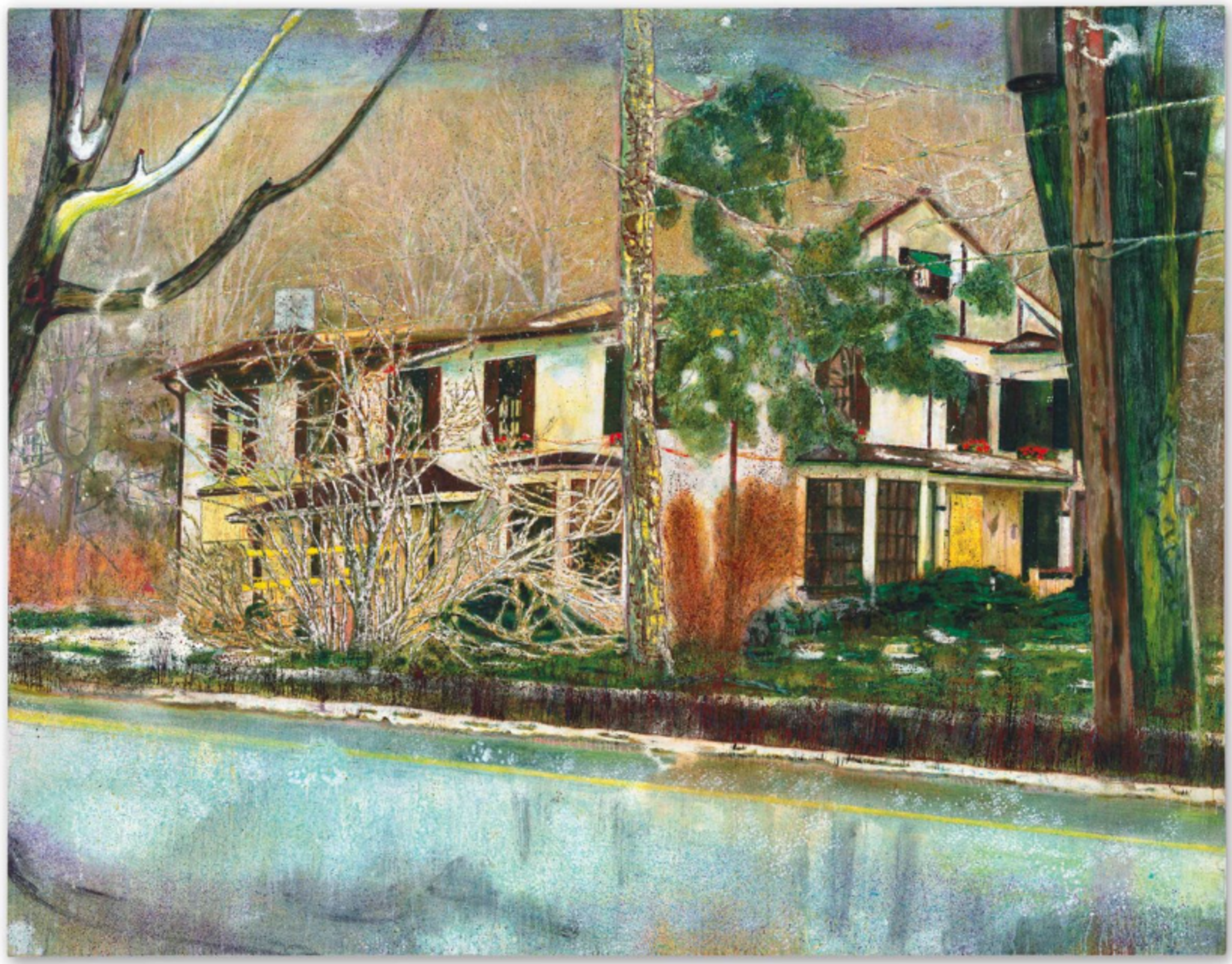 A painting of a house with yellow-lit windows reflected on the surface of a wet, blue road, painted in muted tones. A tree stands in the foreground, with a telephone wire running along the far side of the road in front of the house. The house is visible through misty, atmospheric brushwork and a scratchy, leafless tree that stands in front of it. The sky is yellow ochre and blue.