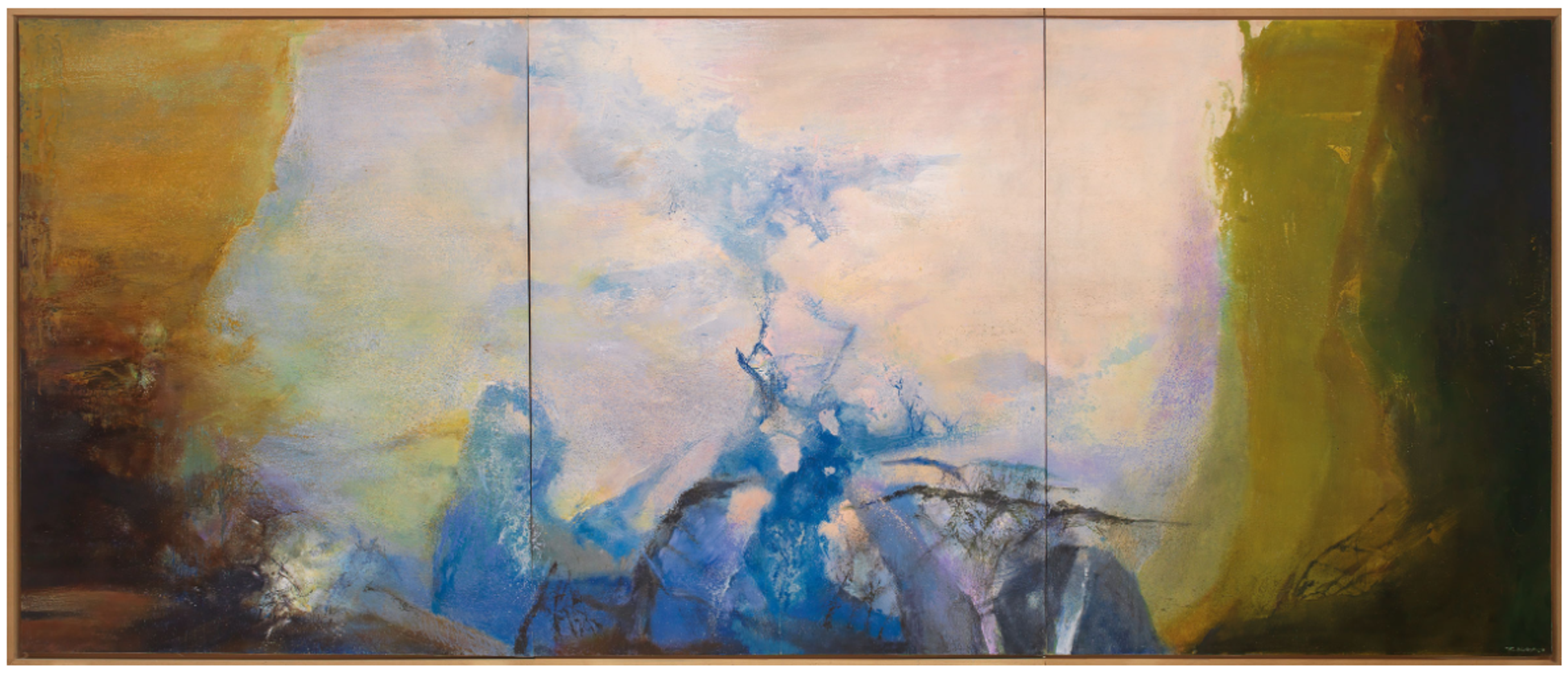 An abstract composition with light yellow background and flowing blue elements. It is darkest directly at the sides, giving the viewer the impression of looking out from a place of darkness across a vast, light, dreamy landscape.