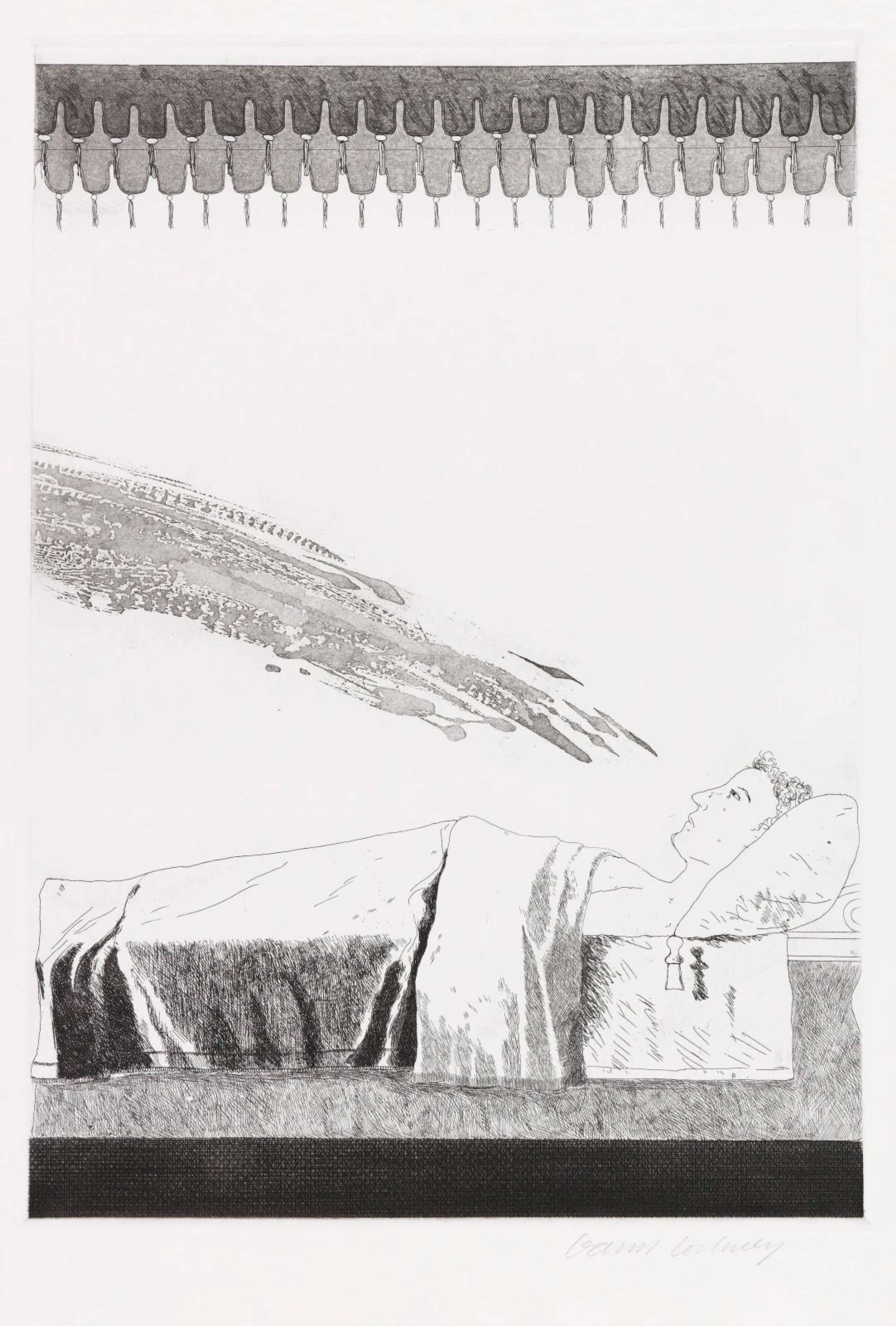 Une estampe de David Hockney. La tête de lit à baldaquin cadre – et instaure – la scène. Un jeune homme nu est montré à moitié appuyé contre des coussins dodus, le visage vide mais étrangement dans l'attente, tandis qu'une éclaboussure d'eau l'atteint depuis le côté gauche de la composition.