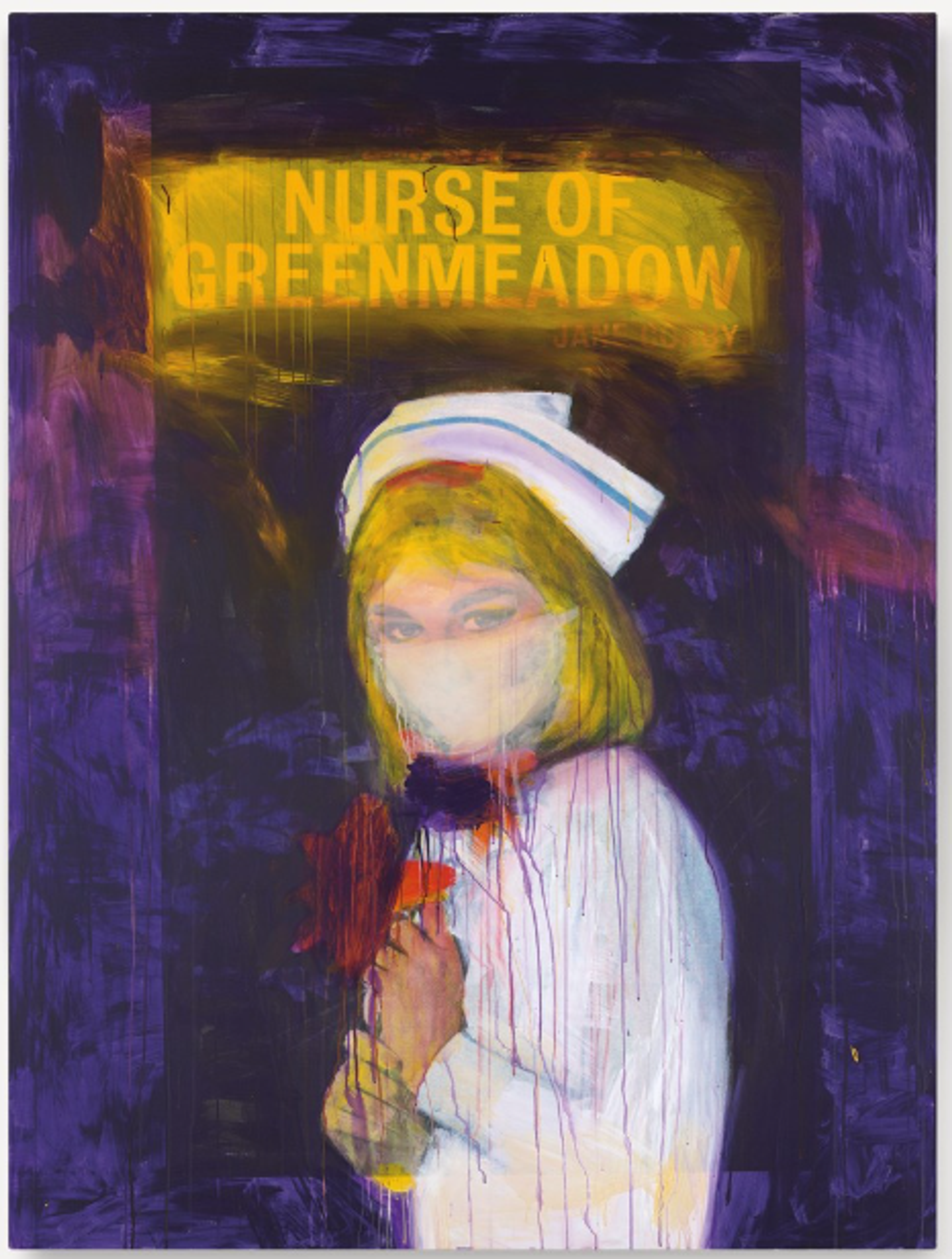 A figure in a nurse's cap with yellow-blonde hair against a deep blue background. Her face is partly obscured by bright yellow paint and by her high white surgical mask. Her hands are clutched to her chest and splashed with red. Bright yellow text appears above the figure, reading “Nurse of Greenmeadow” in all caps.