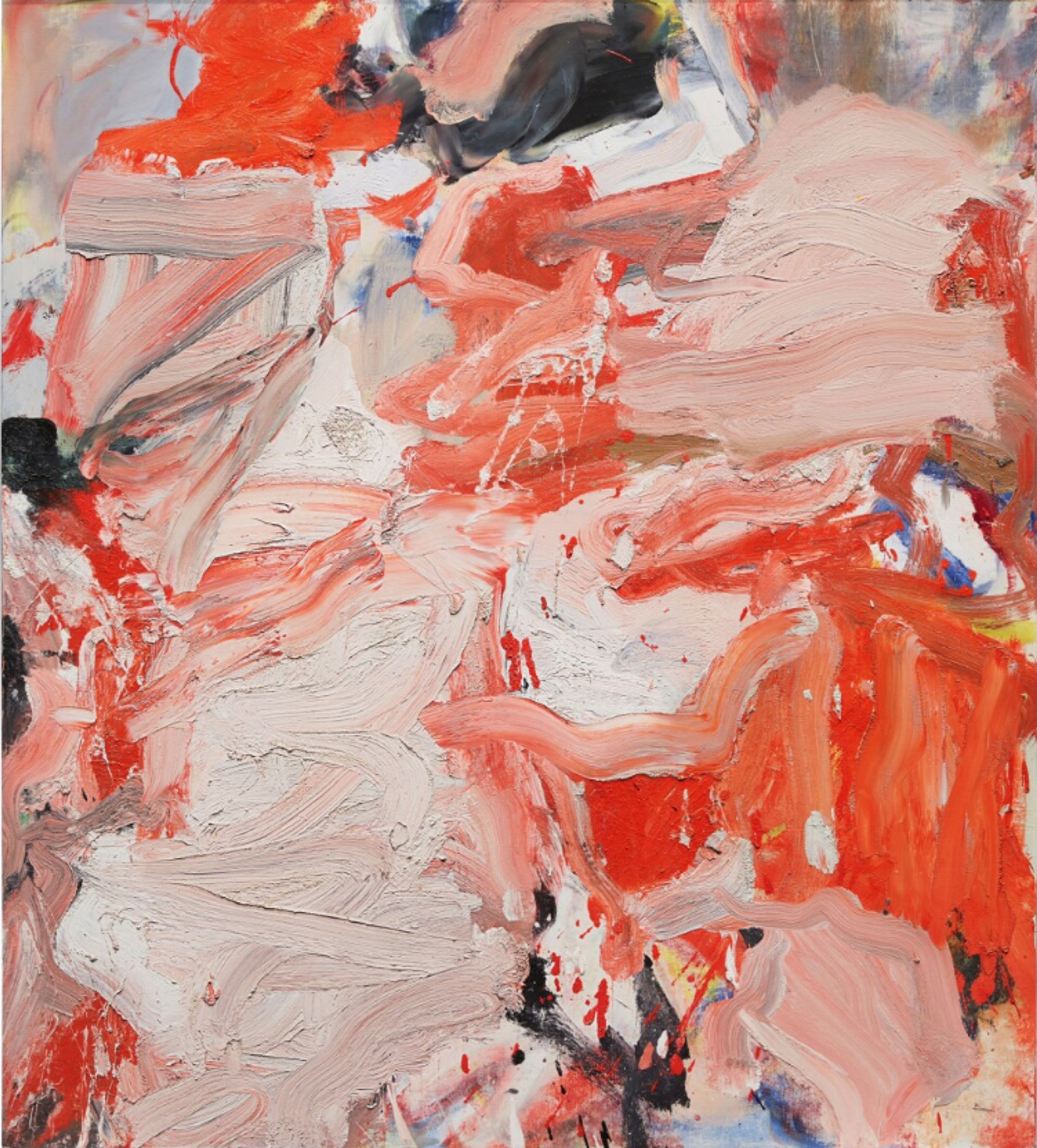 An abstract painting with dynamic brushstrokes in predominantly orange, white, and pink tones. The painting features bold, gestural marks with thick paint application creating a textured surface.