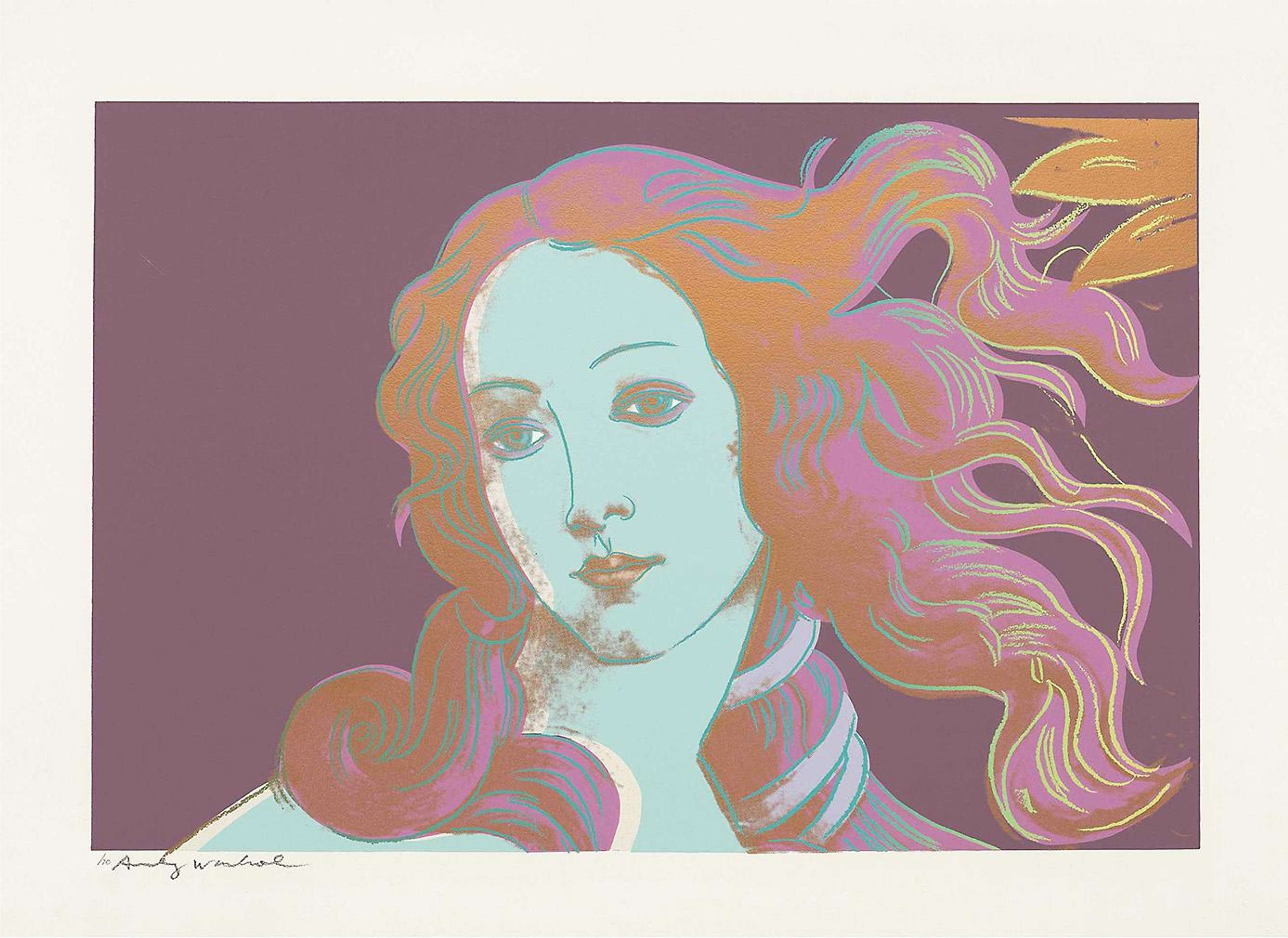A Pop Art reimagining of Botticelli's Venus, depicted from the shoulders up with a mint green portrait and orange-red hair set against a plum background.