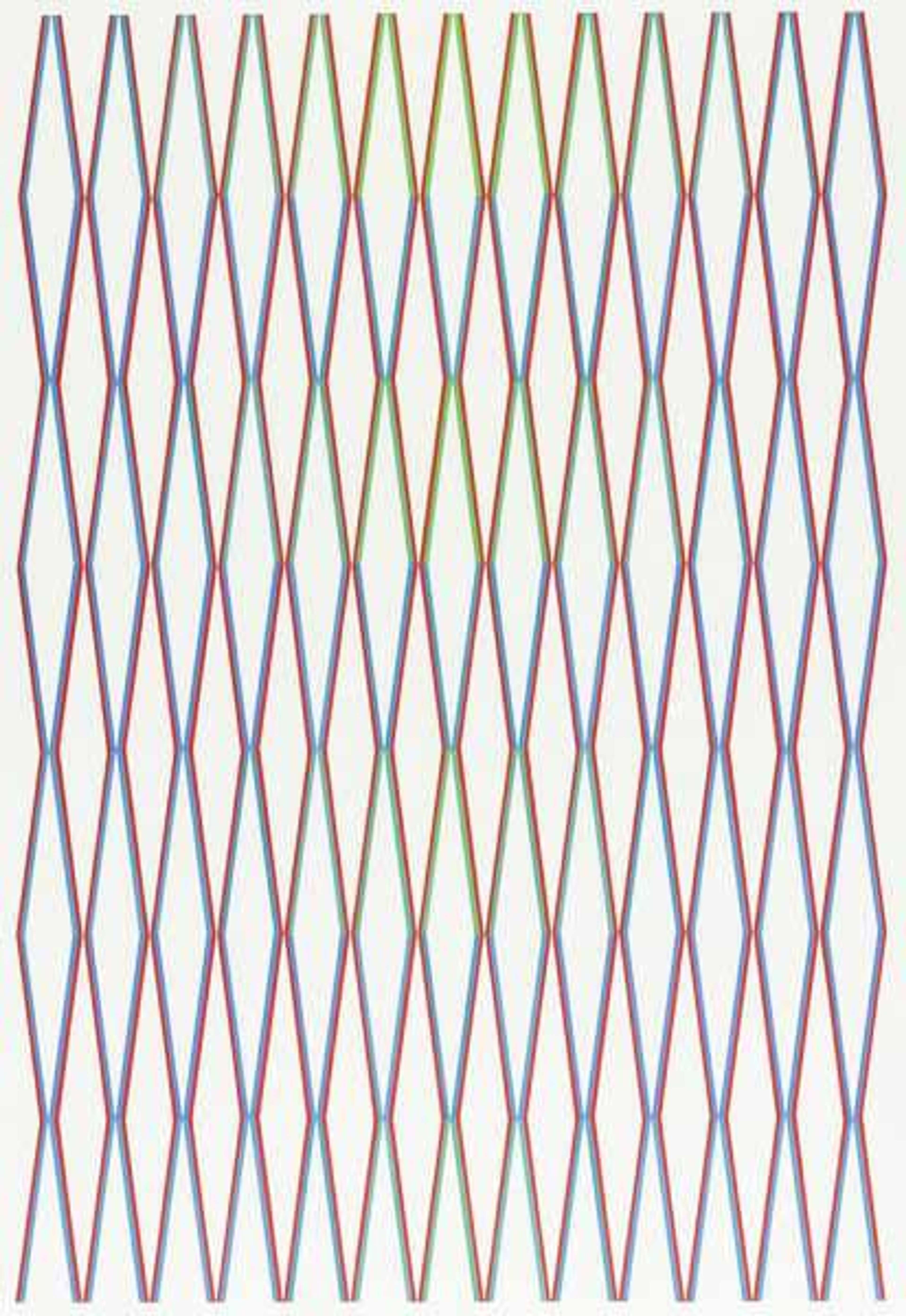 Dans cette estampe, des lignes rouges bordées de bleu ou de vert composent un maillage de losanges qui crée l'illusion d'un mouvement constant et d'un changement de teinte régulier sur toute l'œuvre.