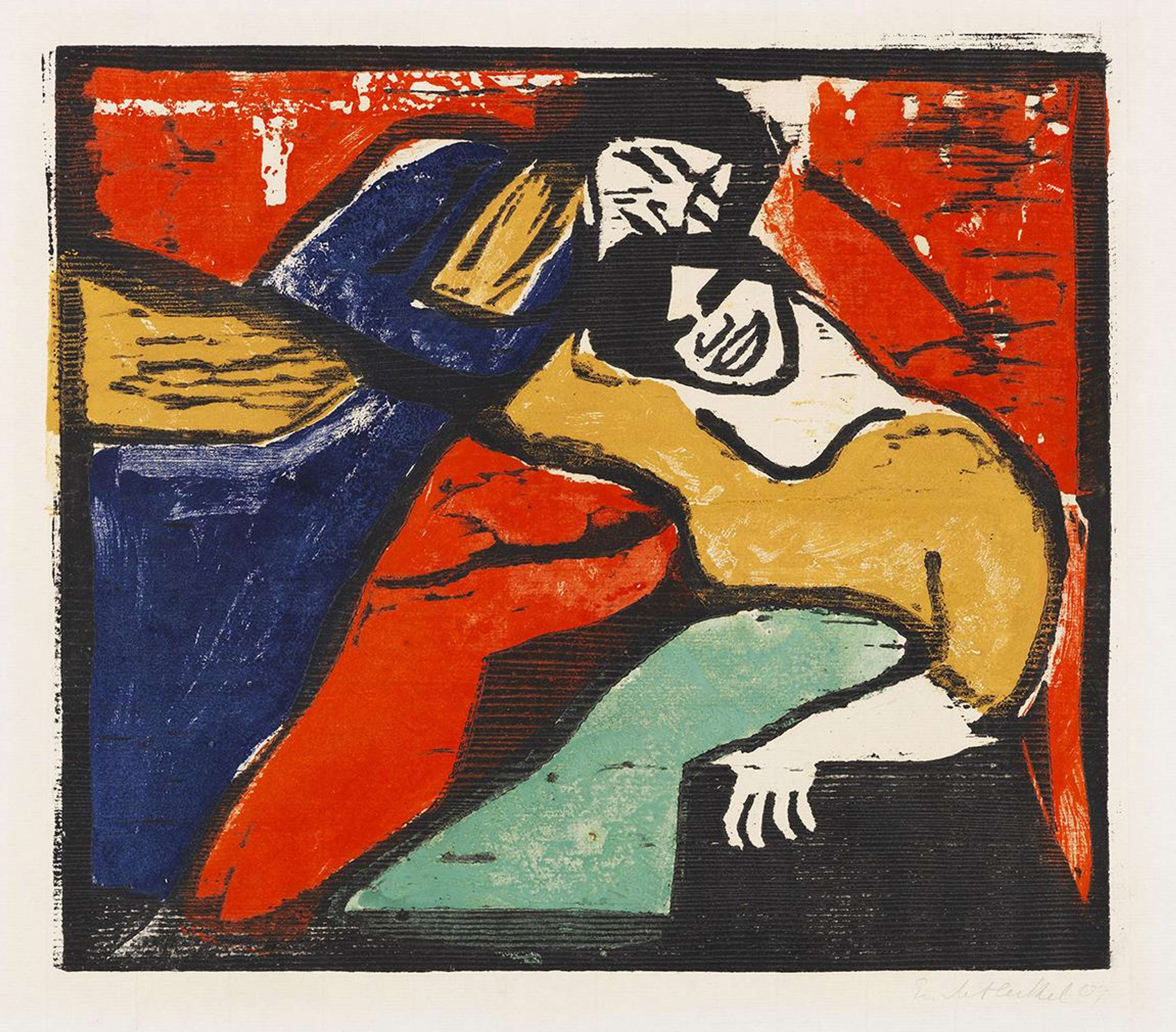 Une estampe en bois colorée représentant deux femmes assises, l'une se penchant vers l'autre. Elles remplissent presque entièrement le fond rouge et sont cernées de contours noirs épais. Une femme porte du bleu et du rouge, tandis que l'autre est vêtue de marron et de vert.