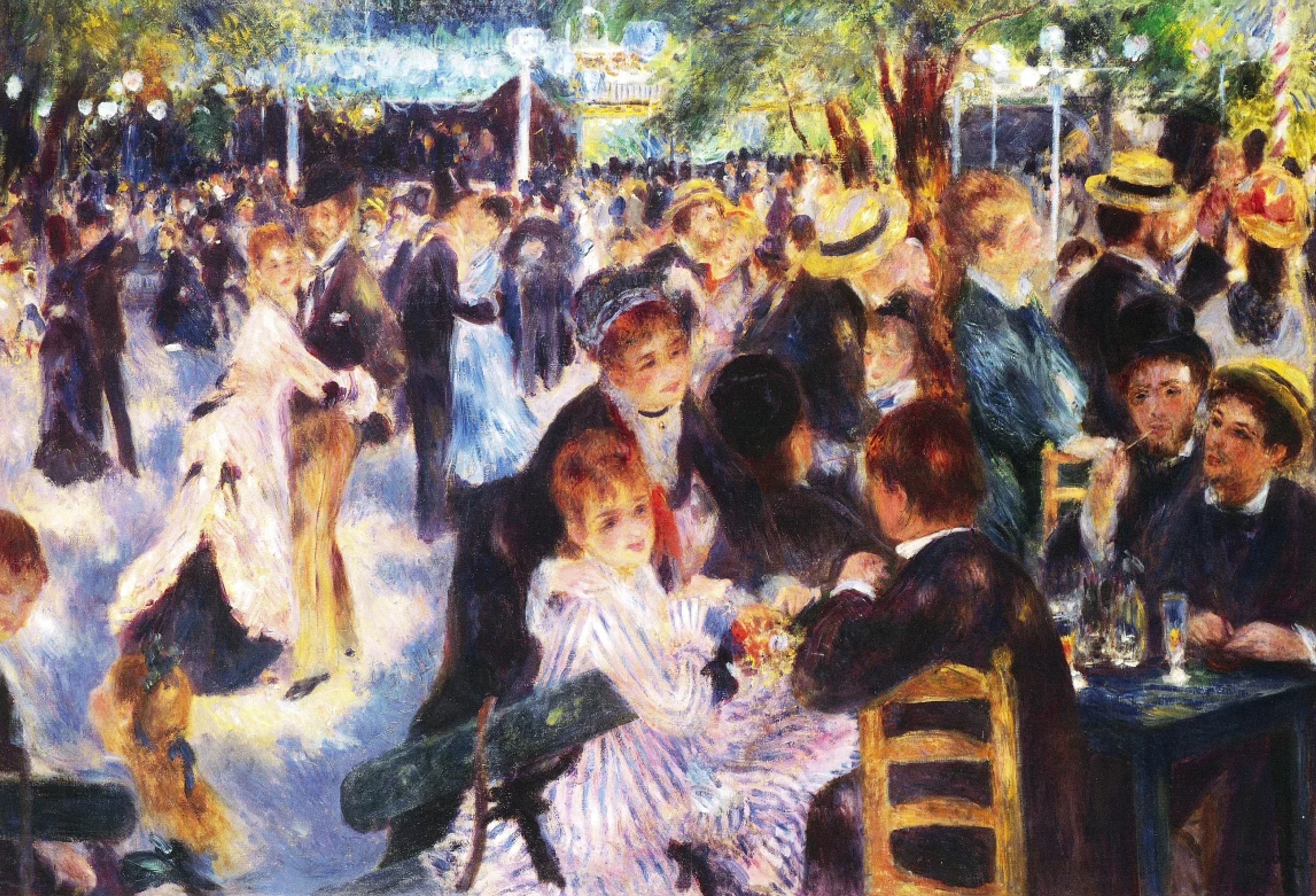 A bustling outdoor social scene showing countless people sitting at tables and dancing. Women in light dresses and men in dark suits socialise under trees with light filtering through, creating a lively atmosphere.