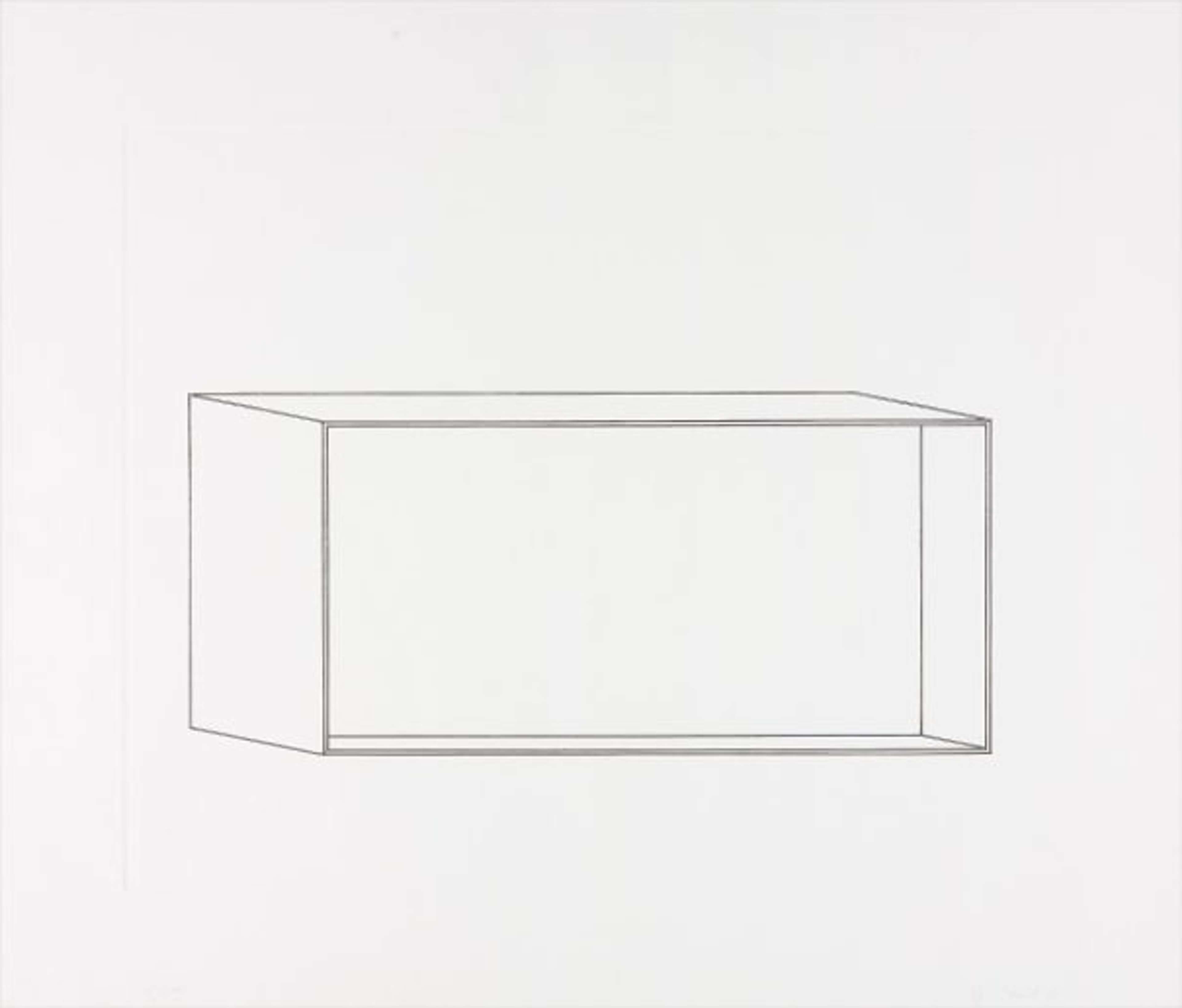Un dessin linéaire géométrique représentant un rectangle en trois dimensions. La forme est ouverte sur le côté le plus proche du spectateur. Elle présente une division supplémentaire à l'horizontale au centre.