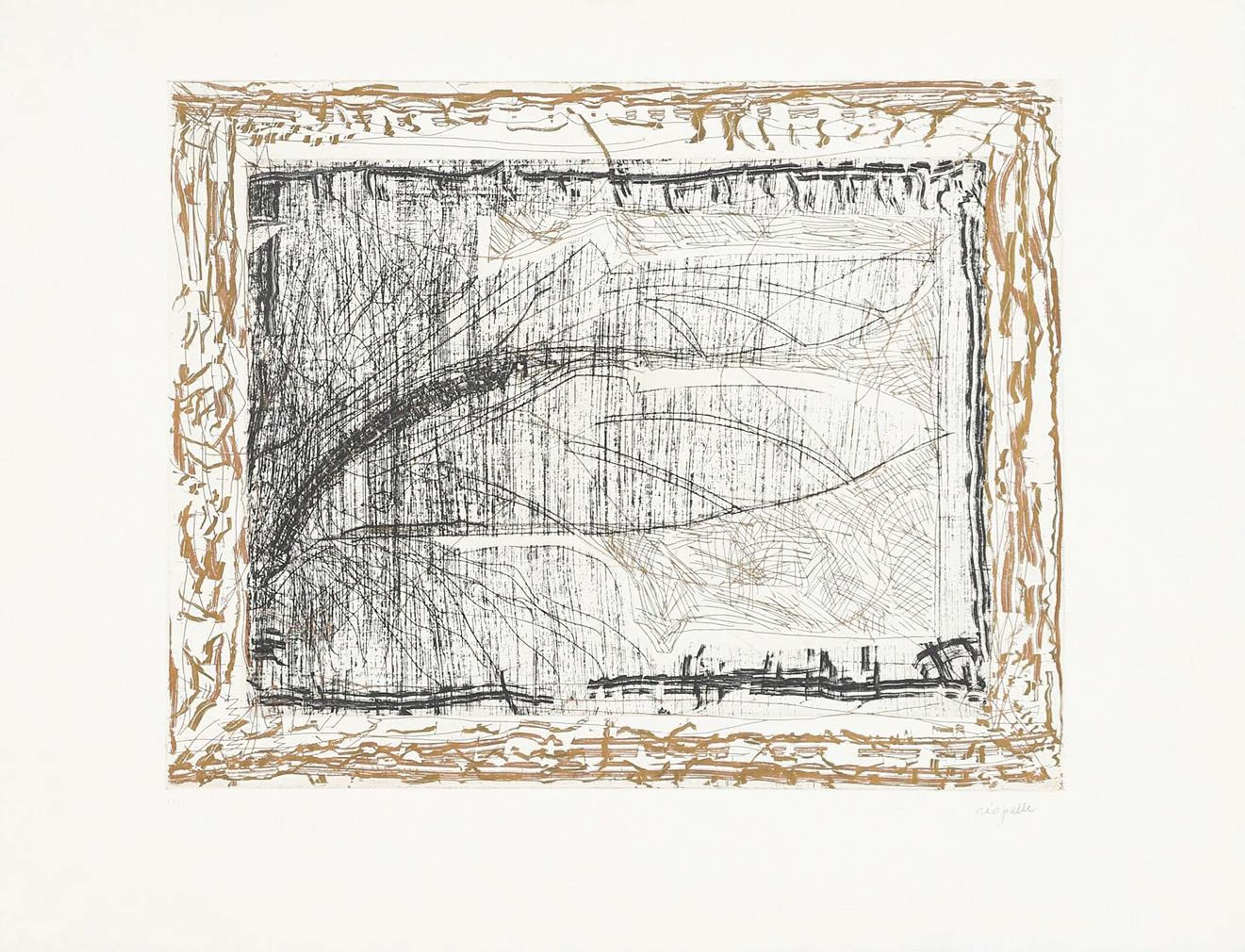 Une composition abstraite utilisant des encres dorées et grises. La composition centrale présente une série de lignes grises ondulantes, rappelant un arbre se penchant vers le sol. Un hachurage ajoute de l'obscurité à l'arrière-plan. Autour de cela, un cadre doré est peint.