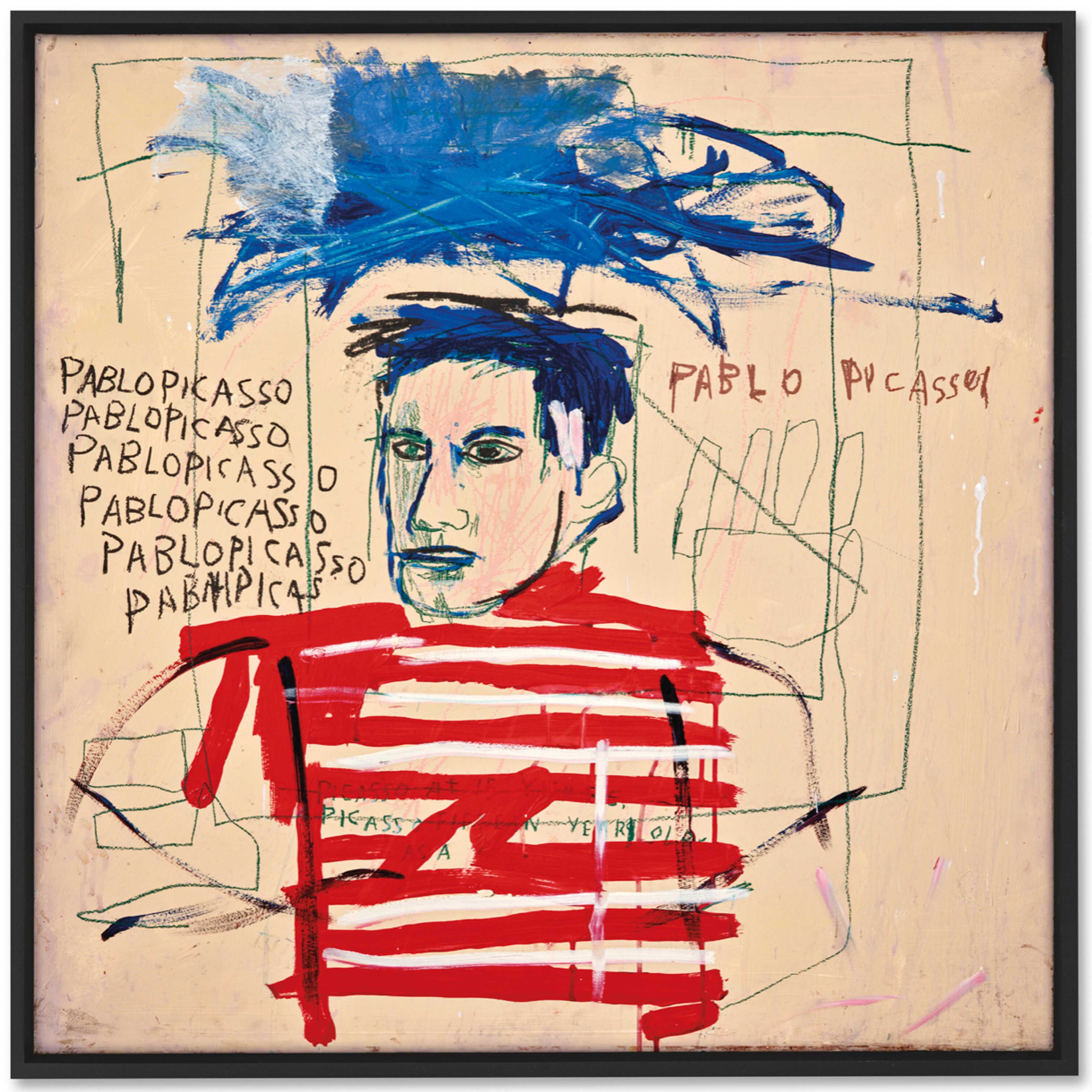 Une œuvre en acrylique et huile de Jean-Michel Basquiat représentant un portrait de Pablo Picasso.