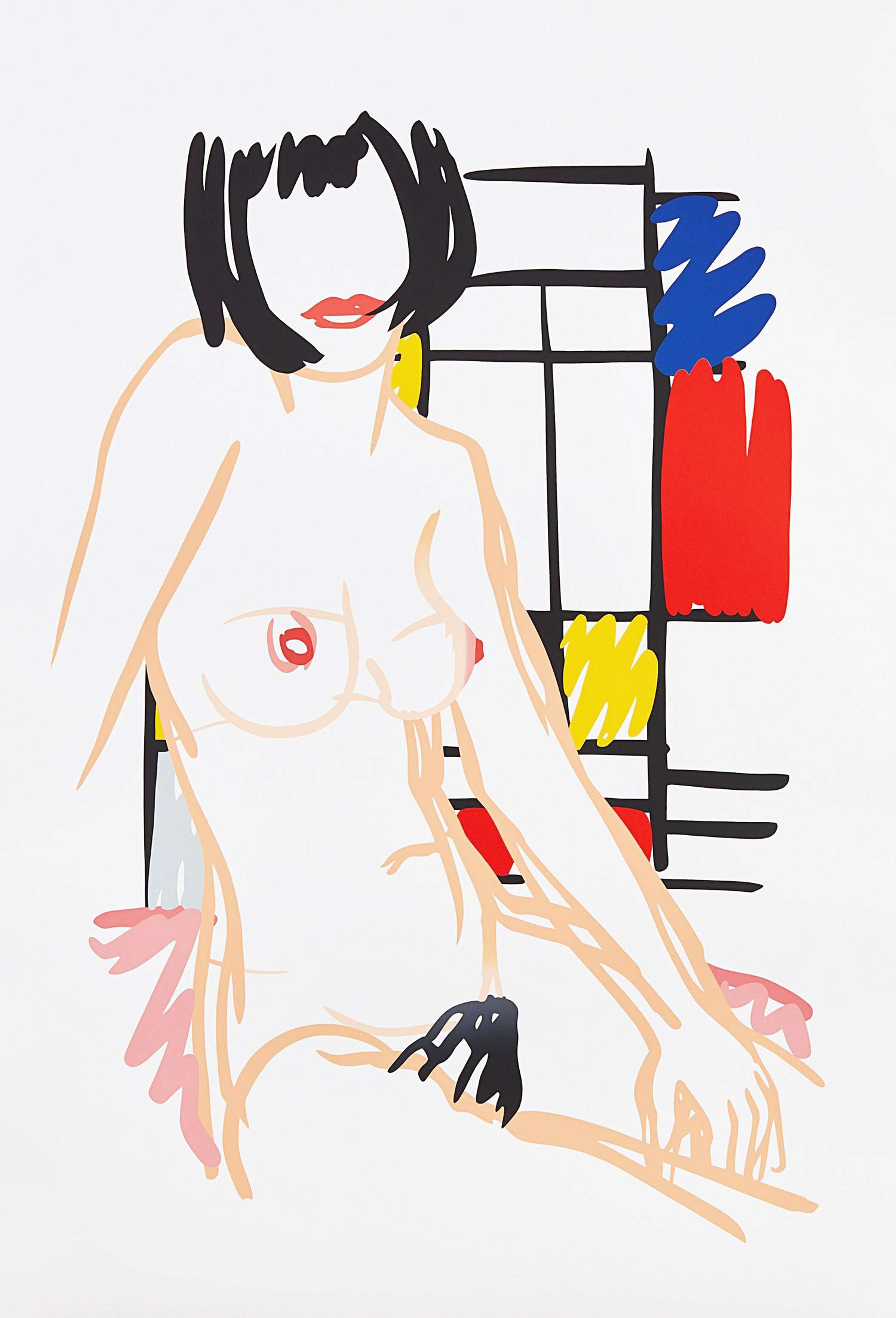 Une femme nue aux cheveux foncés est assise, appuyée sur un bras, avec une œuvre abstraite de Piet Mondrian en arrière-plan.