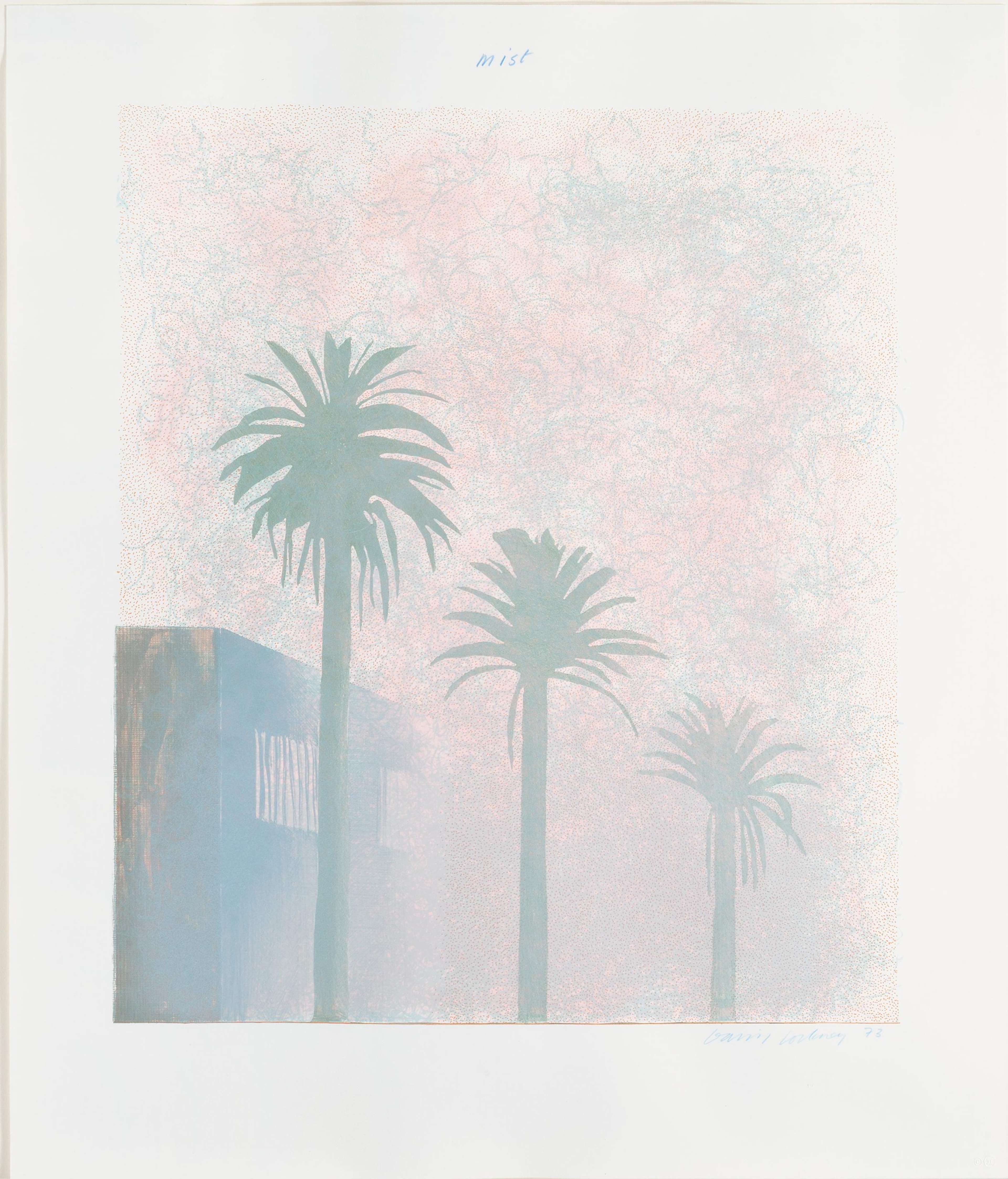 Une lithographie de David Hockney, intitulée « Mist », représentant des palmiers et des silhouettes de bâtiments dans une brume bleue et rose ; signée en bas à droite.