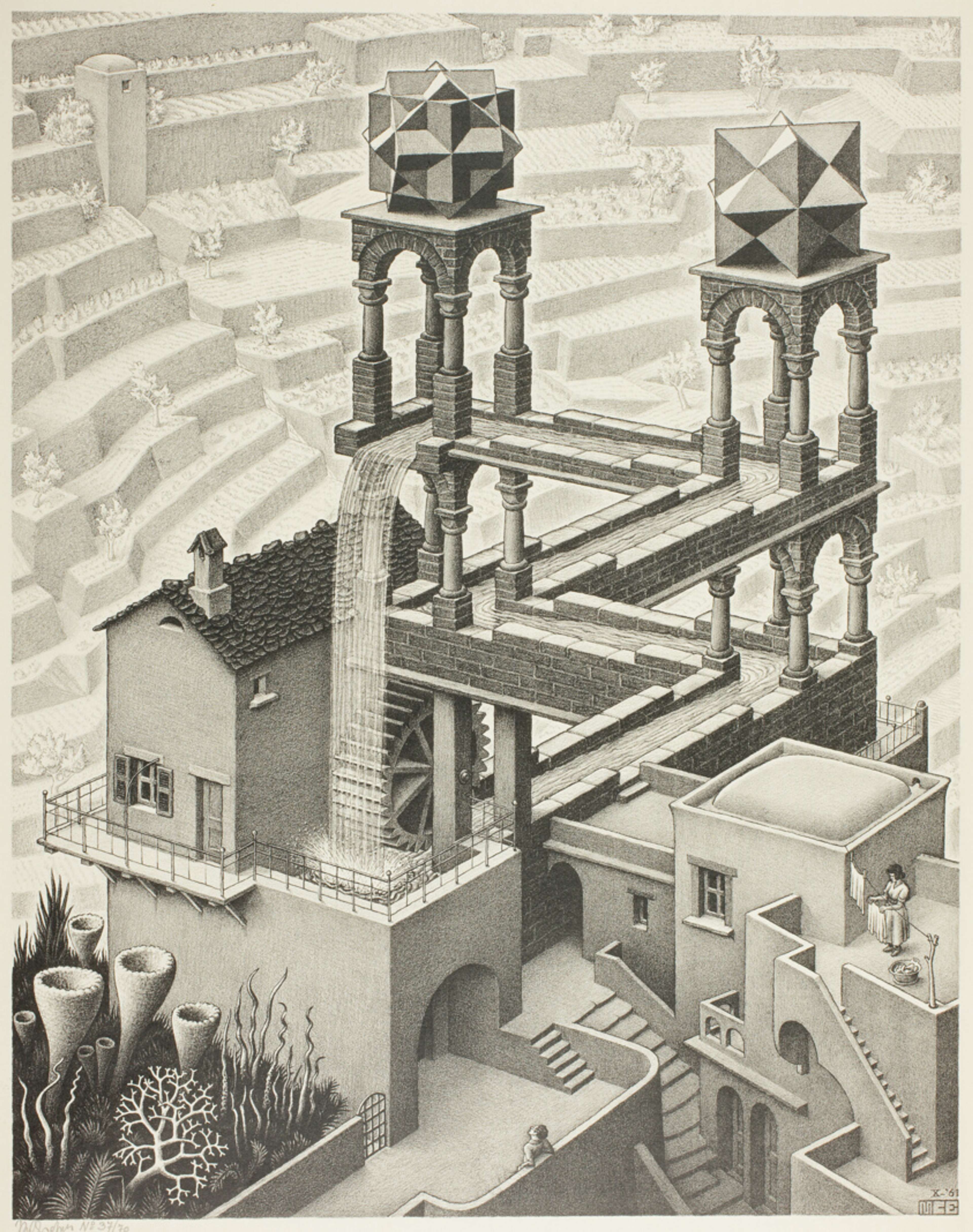 Une lithographie intitulée « Waterfall » de M.C. Escher, représentant une chute d'eau continue s'écoulant vers le haut dans un mouvement perpétuel, défiant ainsi les lois de la gravité.