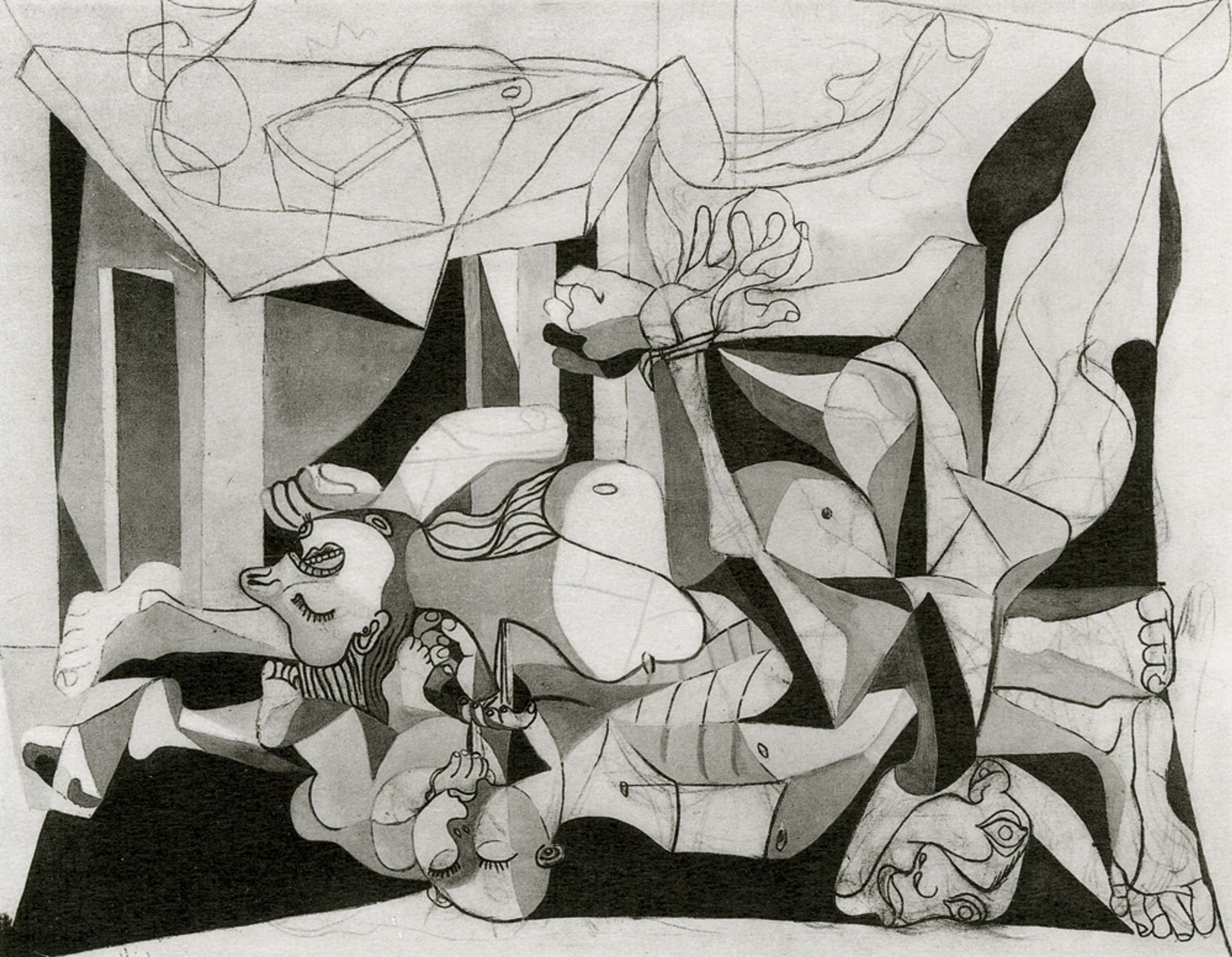 Figures cubistes démembrées jonchent le sol