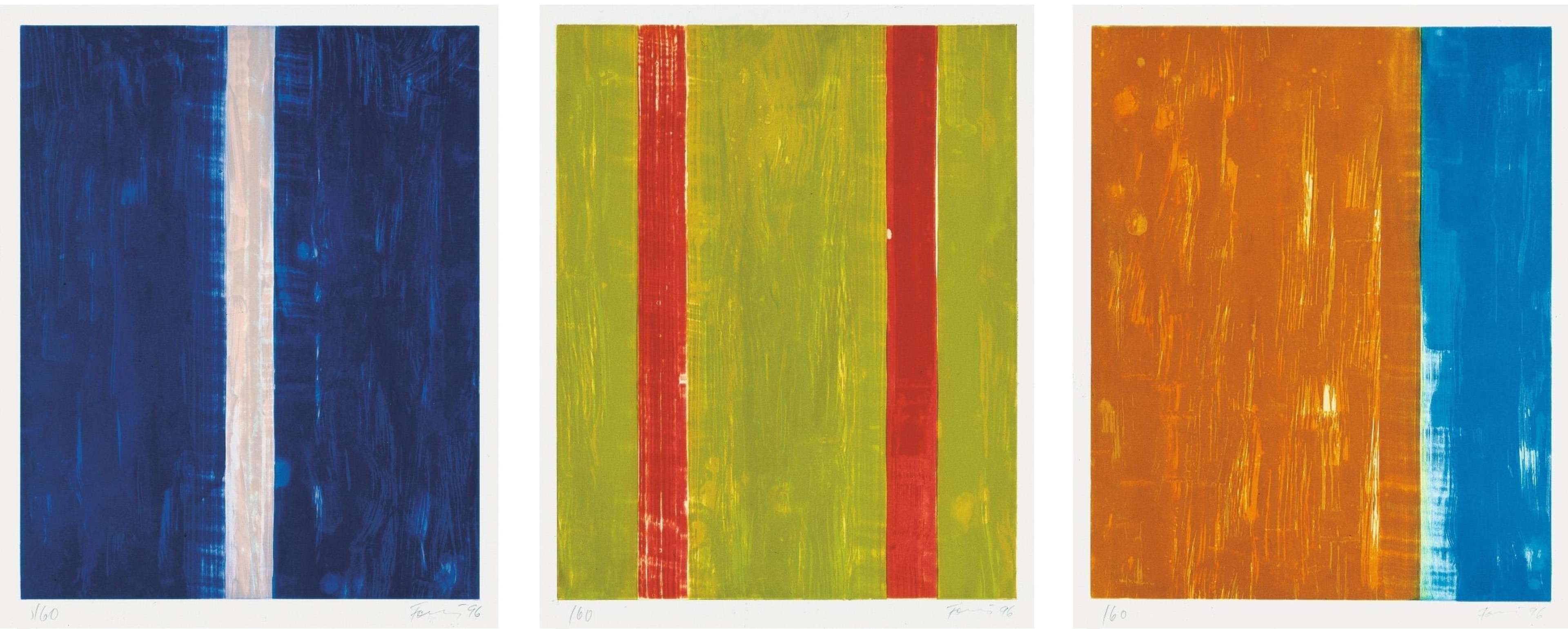 Trois estampes représentant des agencements de rayures sur des fonds colorés. La première présente un fond bleu foncé avec une bande centrale rose pâle. La seconde a un fond vert lime traversé par deux bandes rouges équidistantes. La troisième possède un fond orange, avec une bande bleue plus épaisse située à l'extrême droite.