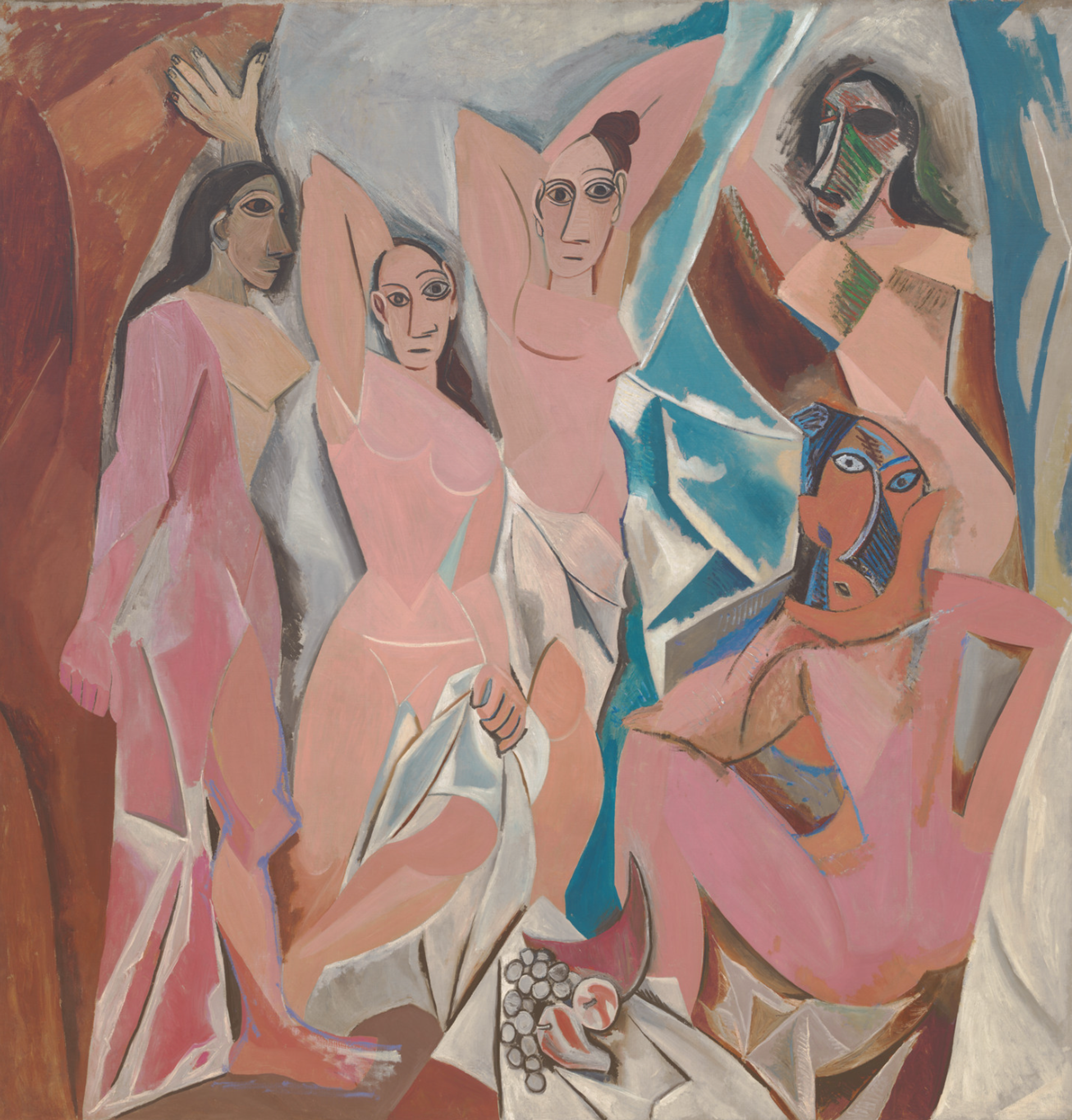 Peinture de Pablo Picasso représentant cinq figures nues, avec des influences de la sculpture ibérique et des masques africains, l'œuvre remet en question les constructions spatiales conventionnelles en utilisant des plans fragmentés pour créer un effet dynamique et dérangeant.