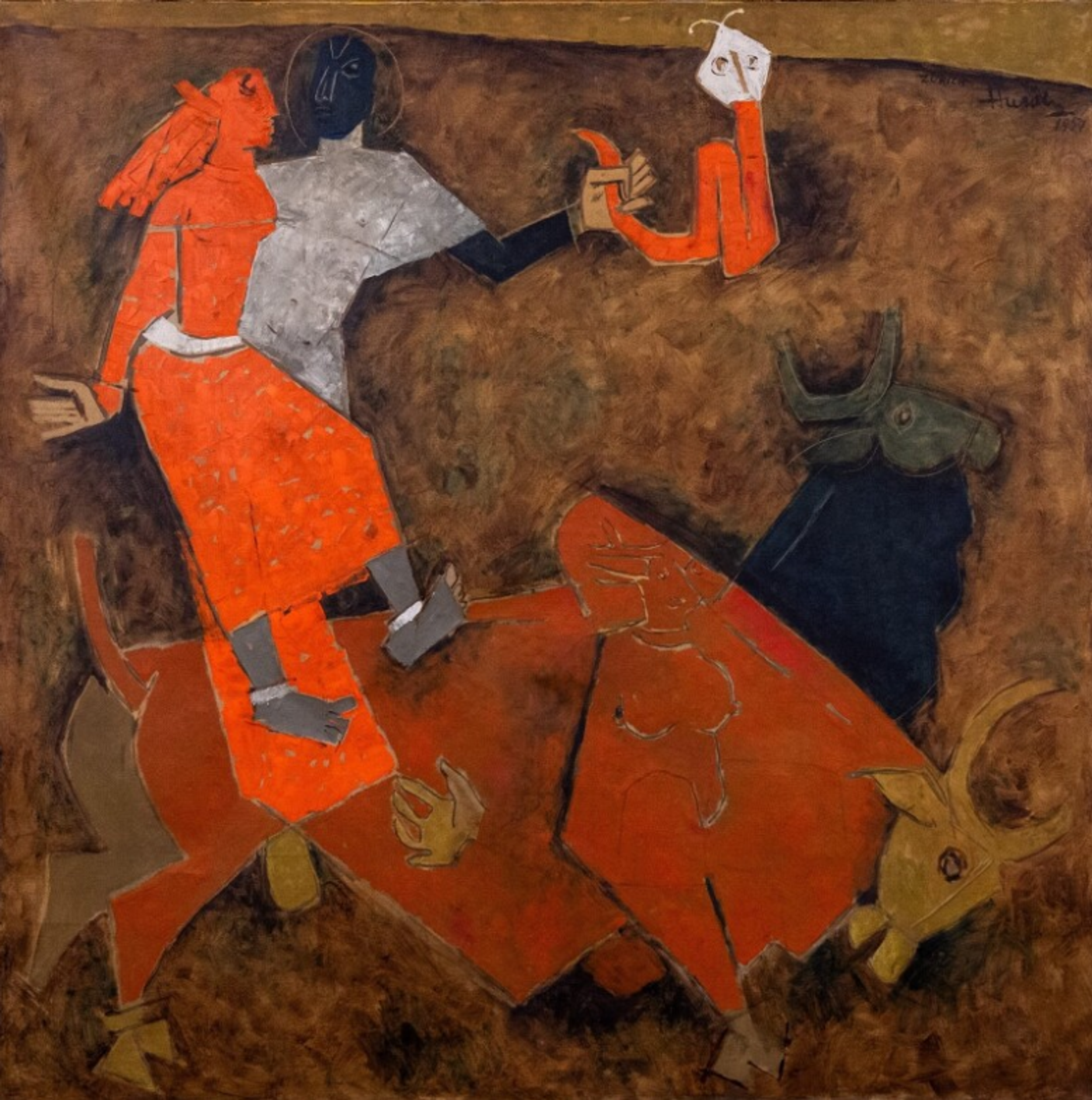 A composition featuring two figures seemingly riding two bulls. One figure and one bull are red, the others are deep blue. The blue figure holds a red snake. The human form is simplified into primitive shapes. The brown, earthy background is textured with almost swirling brushstrokes, creating a sense of movement. 