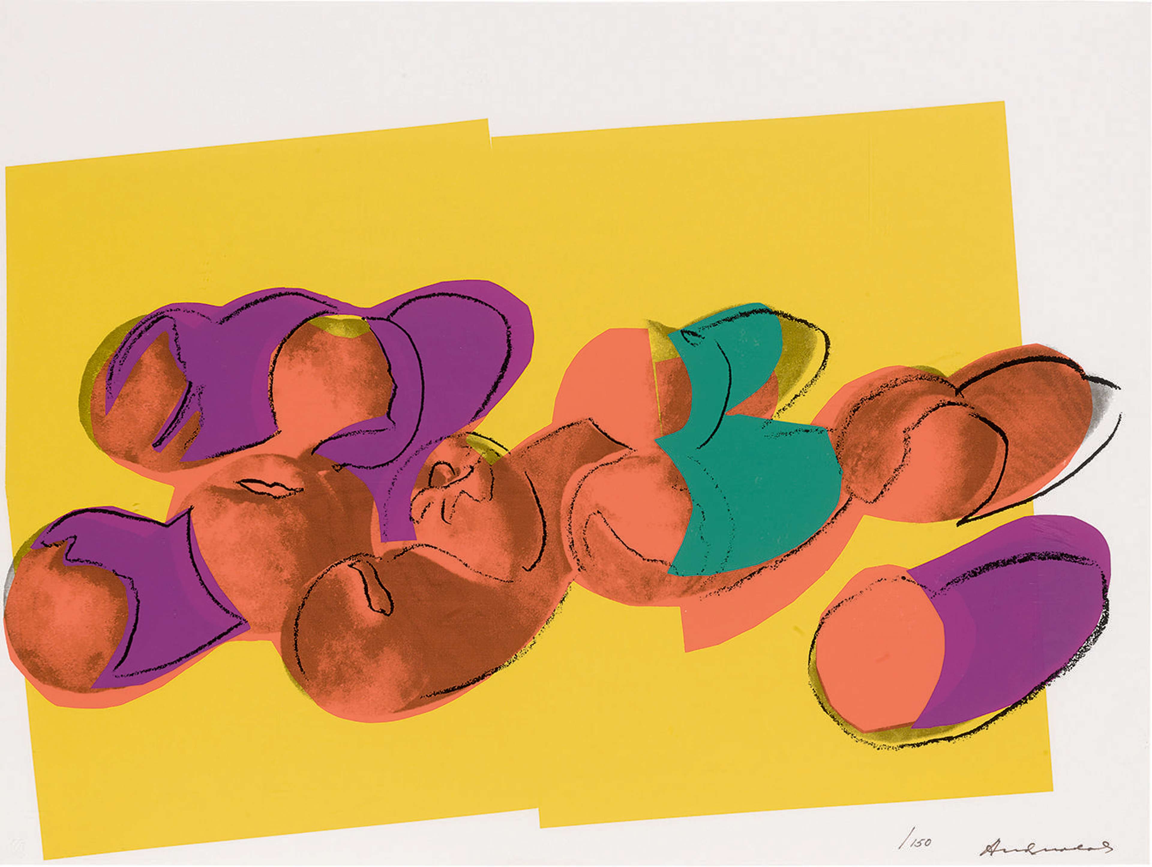 A silkscreen of clustered peaches glowing in saturated orange and pink tones, their rounded shapes set against a vibrant blue ground.