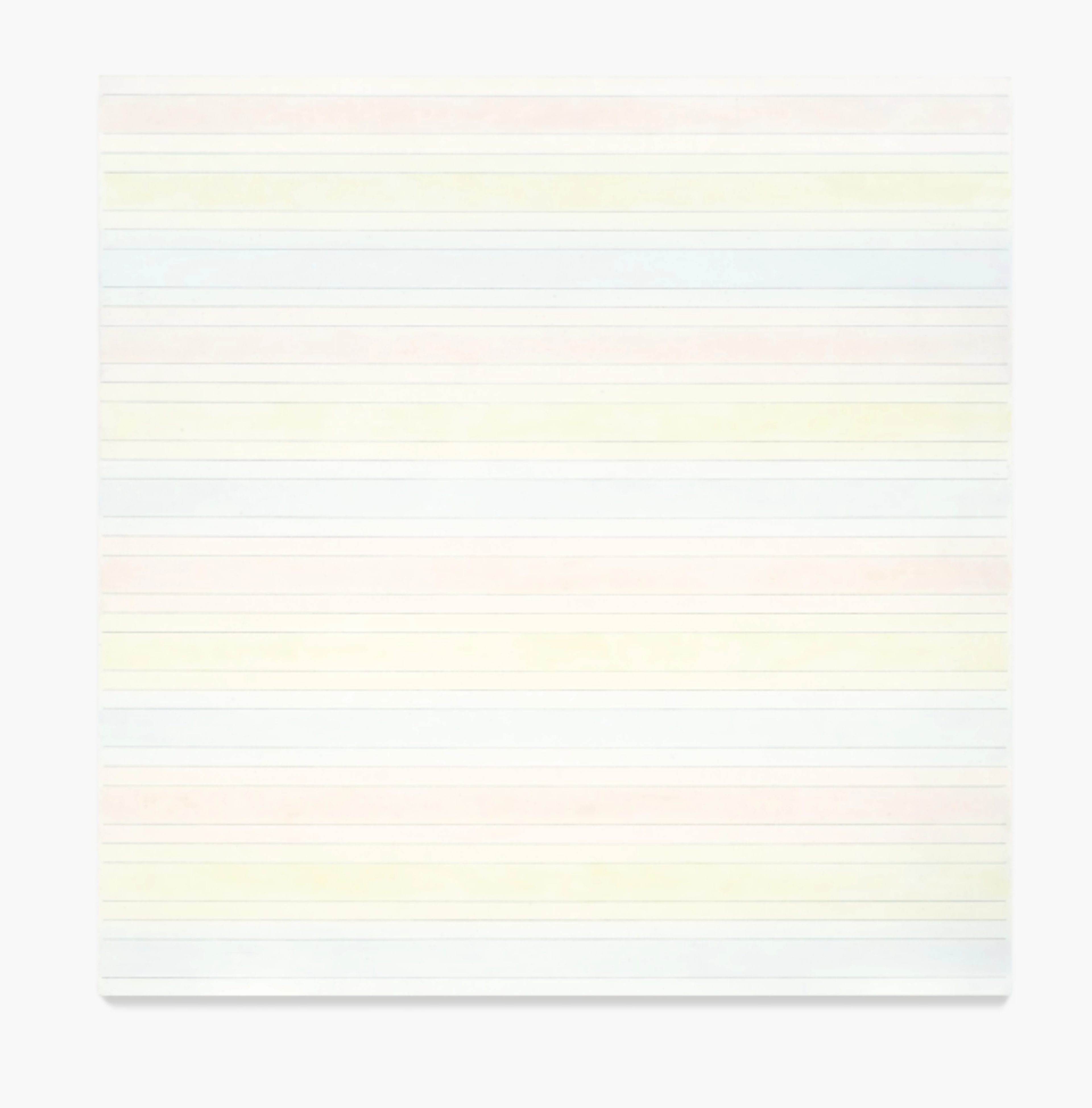 A white background filled with arrangements of horizontal stripes. Thick stripes of very pale red, yellow, and blue each have thinner, paler versions on either side of them. These sets of three stripes are stacked from top to bottom in the order red, yellow, blue.