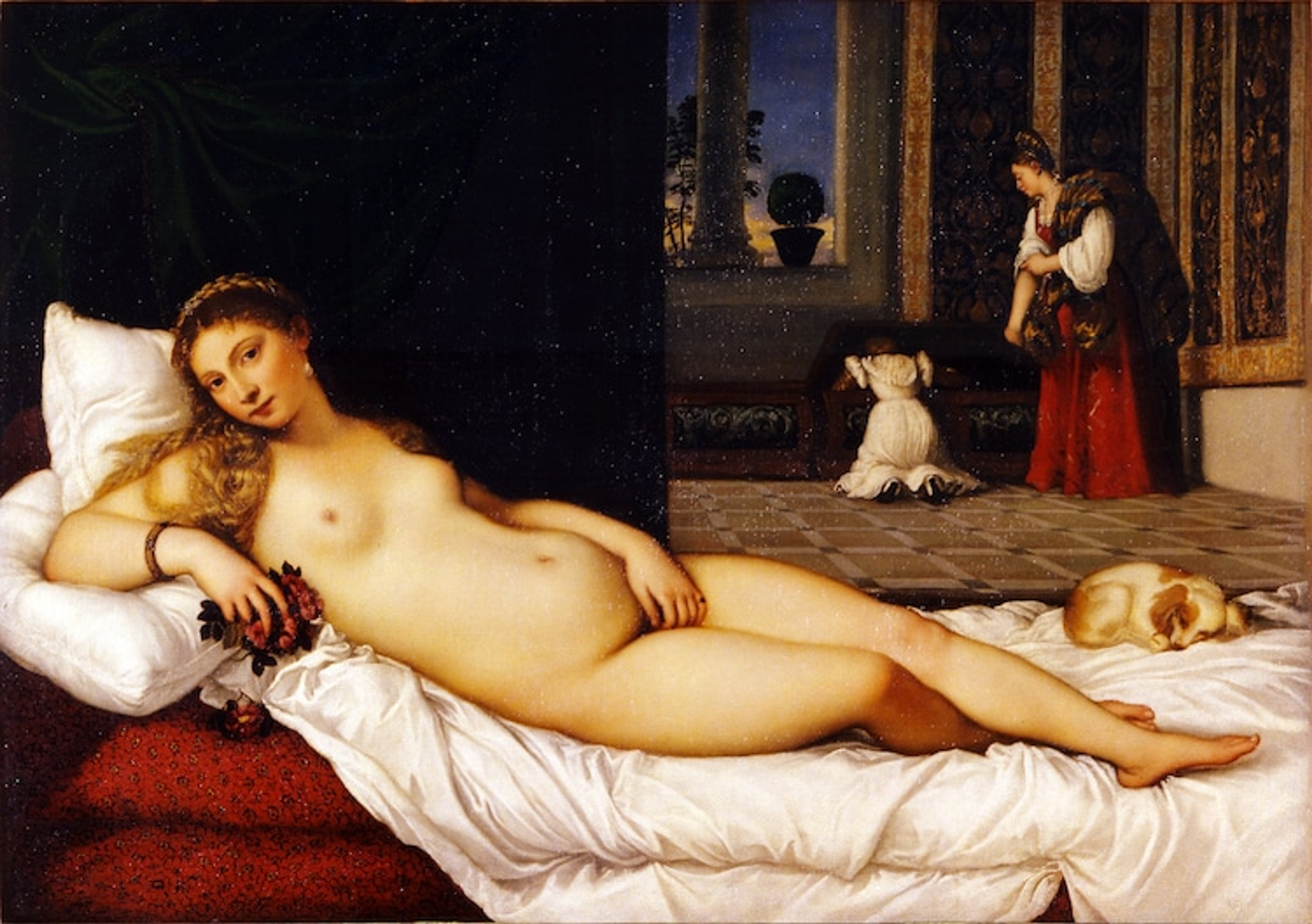 La Vénus d'Urbino de Titien. Une femme nue allongée sur son lit avec un chien The Dog. Elle a des servantes en arrière-plan.