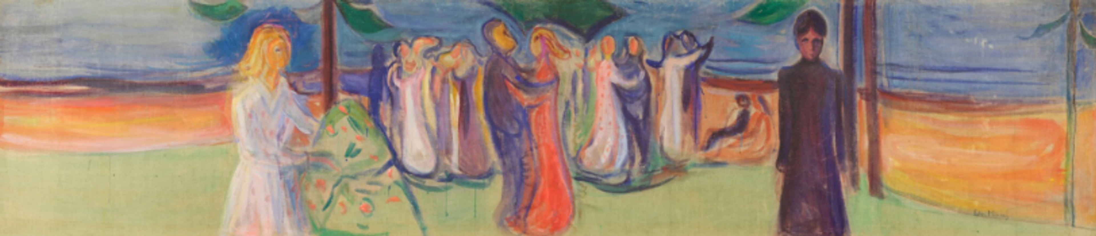 This colourful Impressionistic painting depicts many figures dancing on a shoreline under a moody sky. The central couple moves gracefully, surrounded by other figures in dynamic, flowing poses and colourful, if simplistic, outfits. Two other figures, not dancing, stand in the foreground. The composition suggests joviality, with fluid lines.