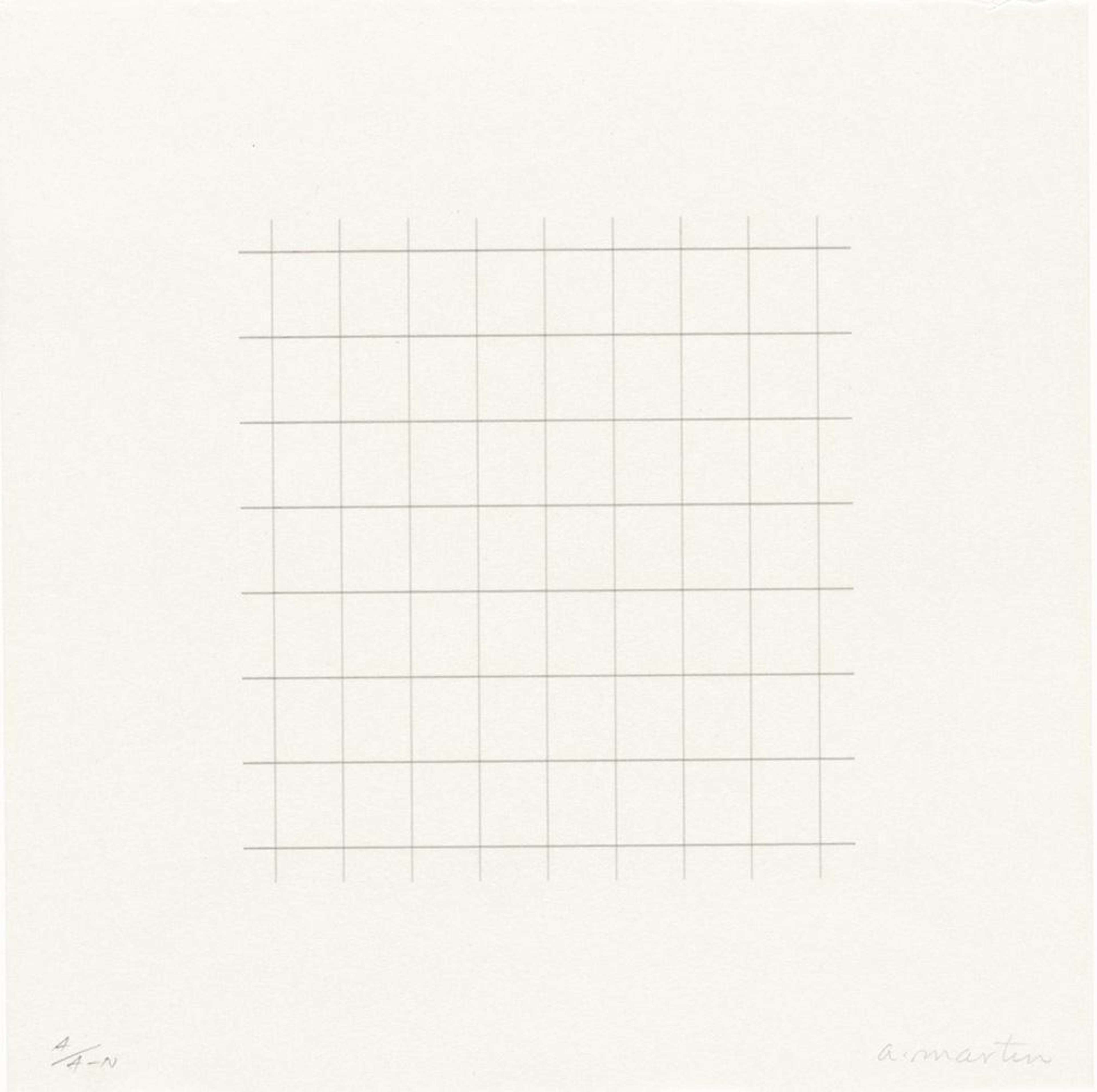 Une estampe carrée blanc cassé présentant une formation centrale en grille. La grille forme 56 rectangles verticaux presque carrés et complets. Elle n'a pas de contour et les bords de la grille sont laissés ouverts, laissant 26 rectangles incomplets.