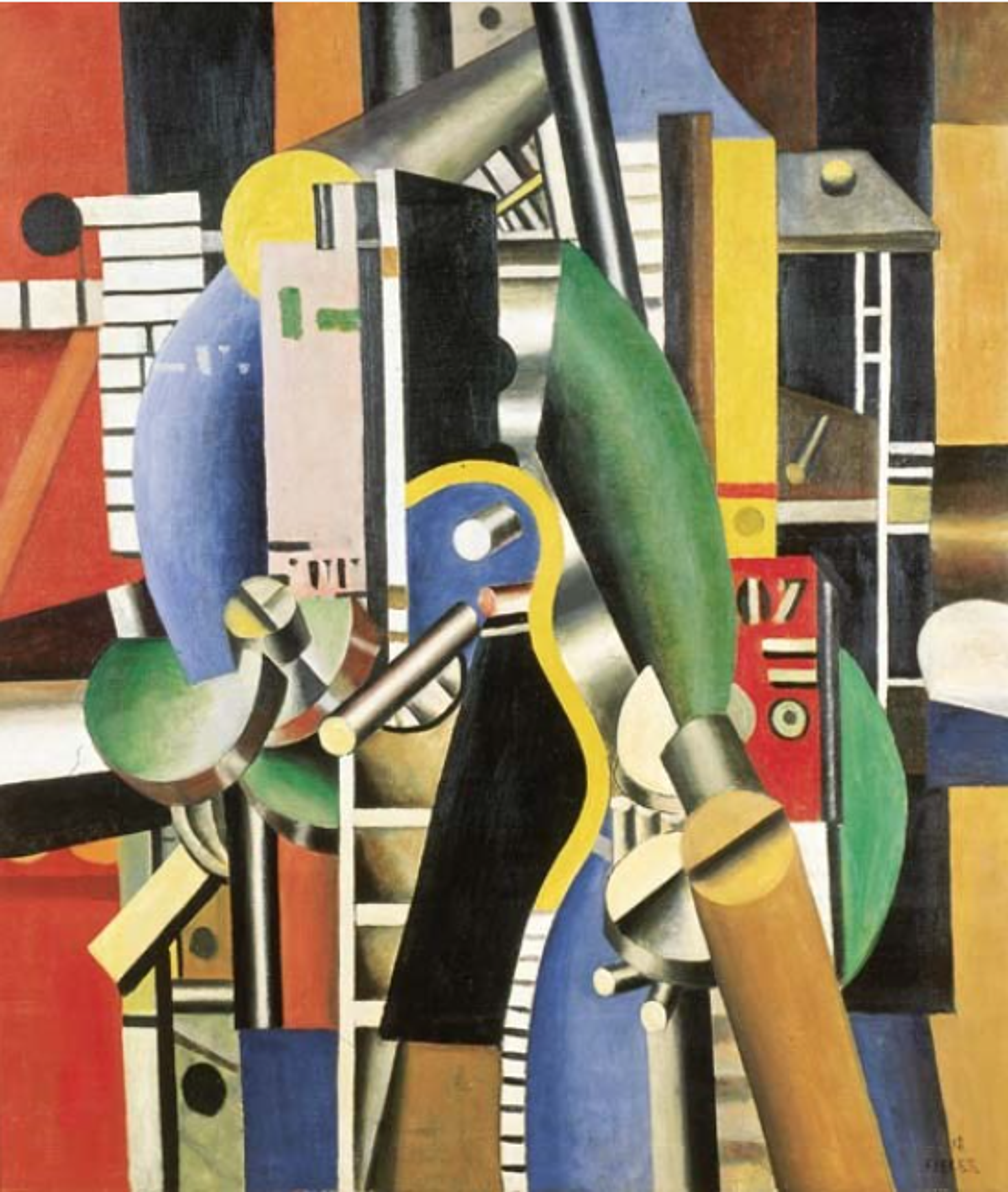 A vibrant Cubist painting with mechanical elements in bold, opaque green, gold, red, blue, and black. The composition suggests machinery through geometric forms and cylindrical shapes. Angular elements create a sense of industrial movement, with overlapping planes and contrasting colours dividing the canvas into distinct sections while maintaining cohesive visual rhythm. Some sections resemble iron nails and wooden rods or even the keys of a piano.
