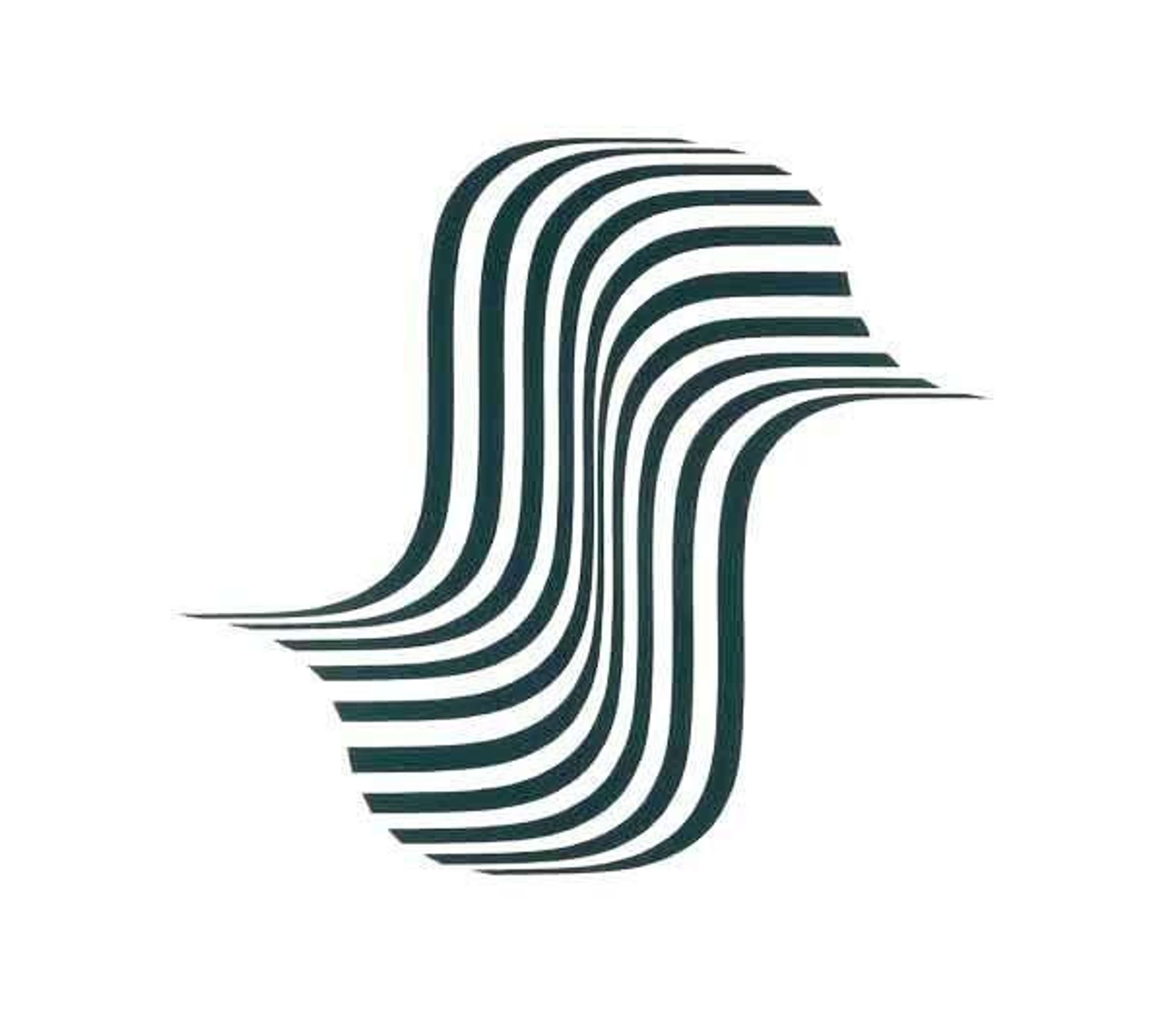 « Winged Curve » de Bridget Riley. Une sérigraphie Op Art composée de rayures vertes et blanches alternées et incurvées.