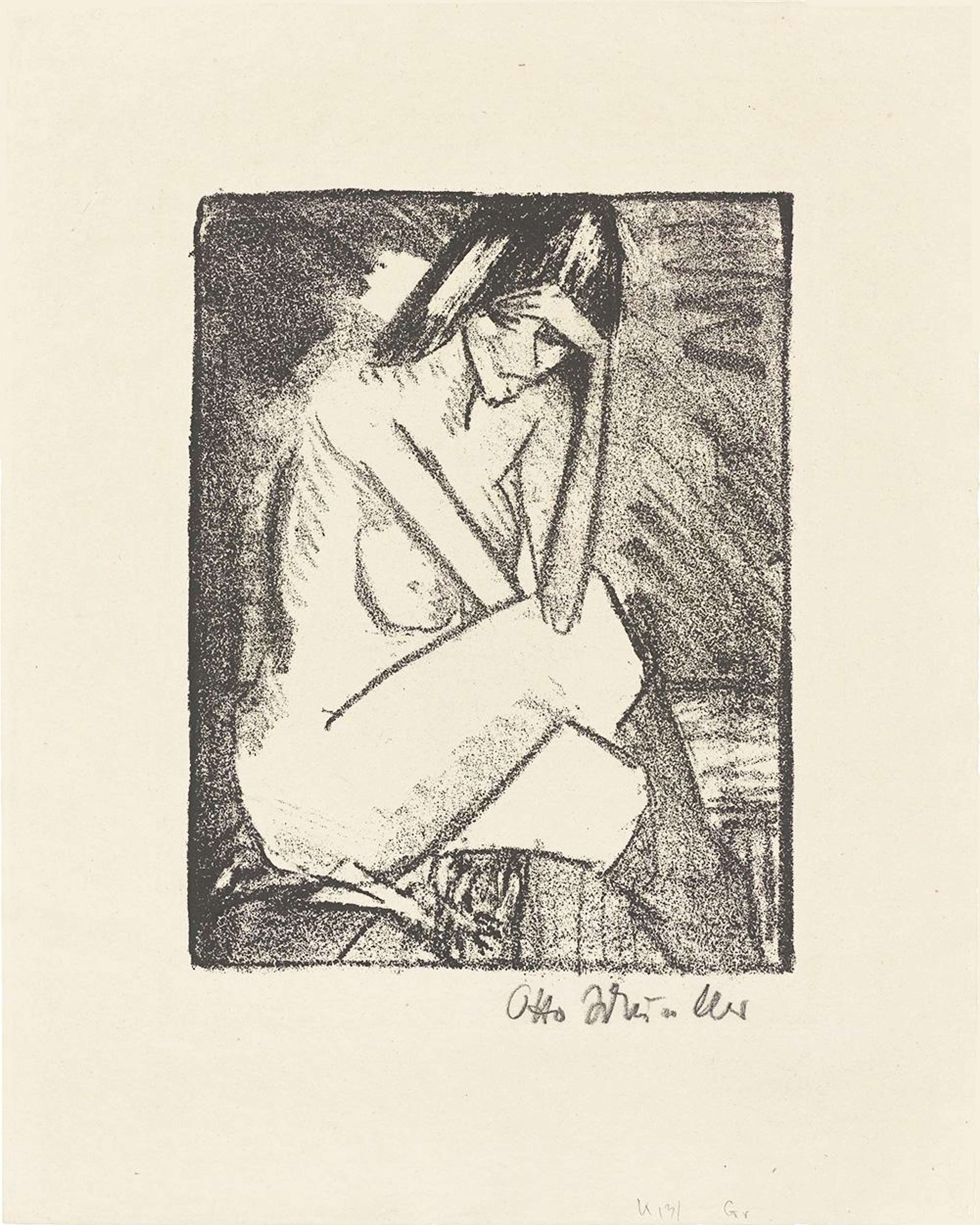 Une estampe en noir et blanc représentant une femme nue, assise en tailleur, la tête appuyée sur sa main. Elle porte des bas noirs jusqu'aux genoux et a jeté une paire de gants à côté d'elle. L'arrière-plan est ombragé grossièrement en noir.