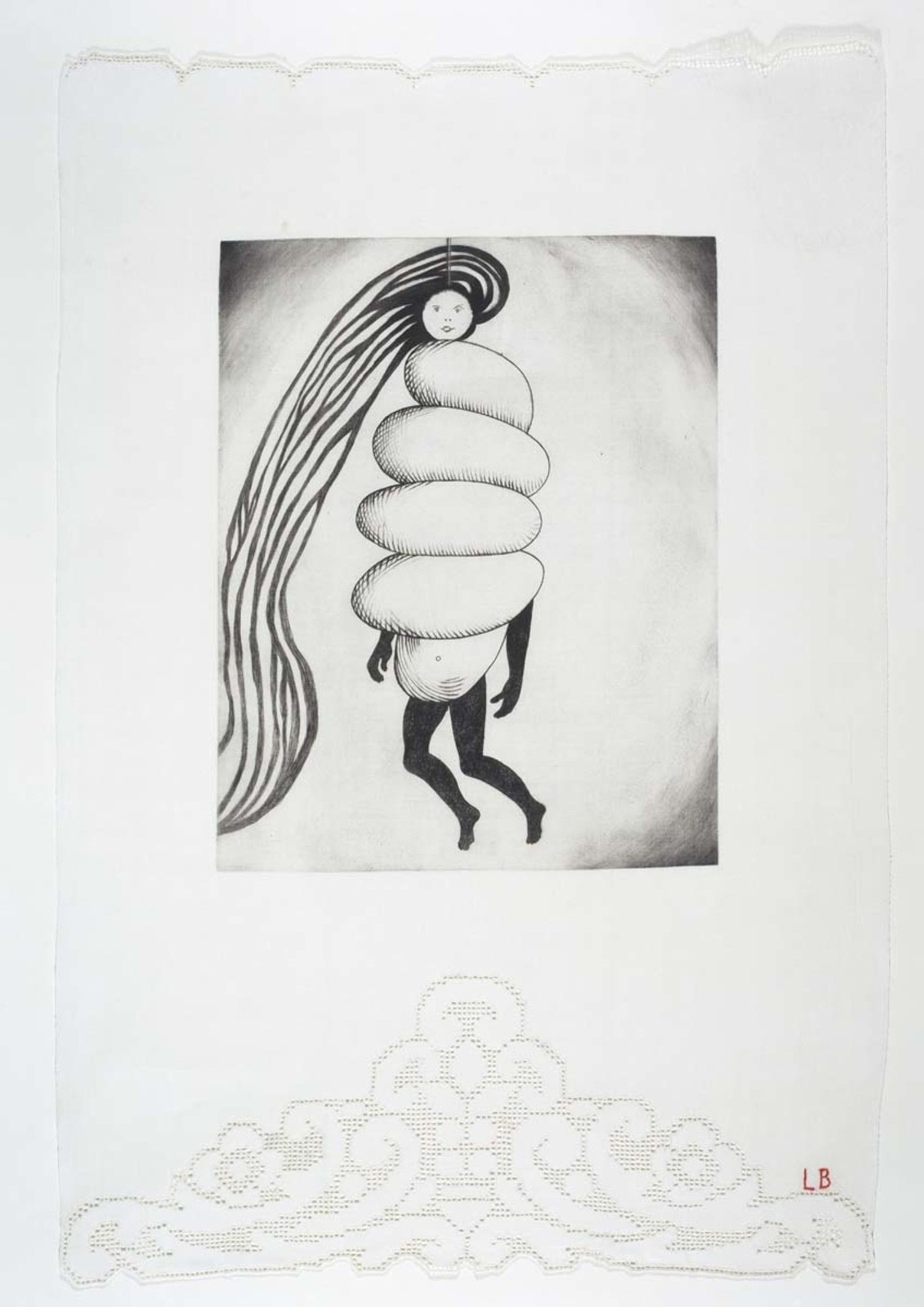 Estampe de Spiral Woman de Louise Bourgeois. Une esquisse en noir et blanc d'une femme dont les cheveux, aussi longs qu'elle, semblent flotter. Un objet ou un tissu s'enroule en spirale autour d'elle.