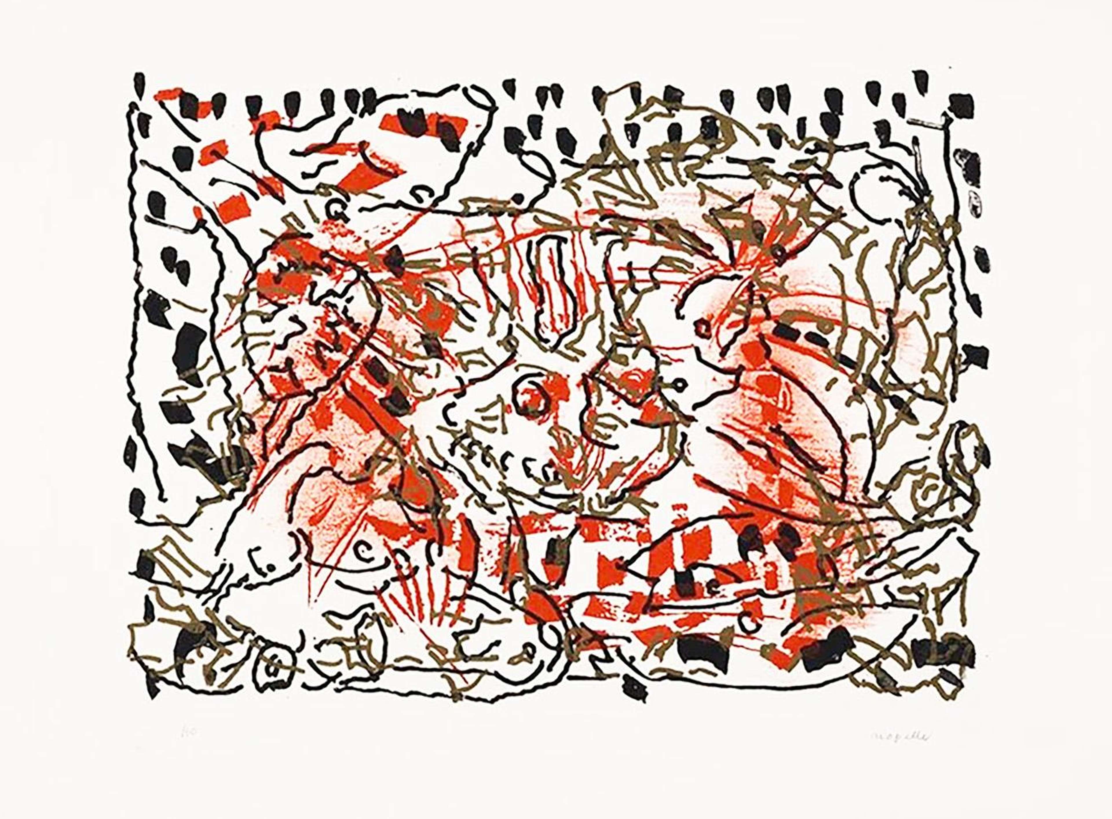 Une composition abstraite de marques et de lignes noires, superposées à des marques brunes et rouges. De chaque côté, on distingue une fine bande de rouge pulvérisé. L'ensemble des lignes et des formes évoque presque des visages et des objets.
