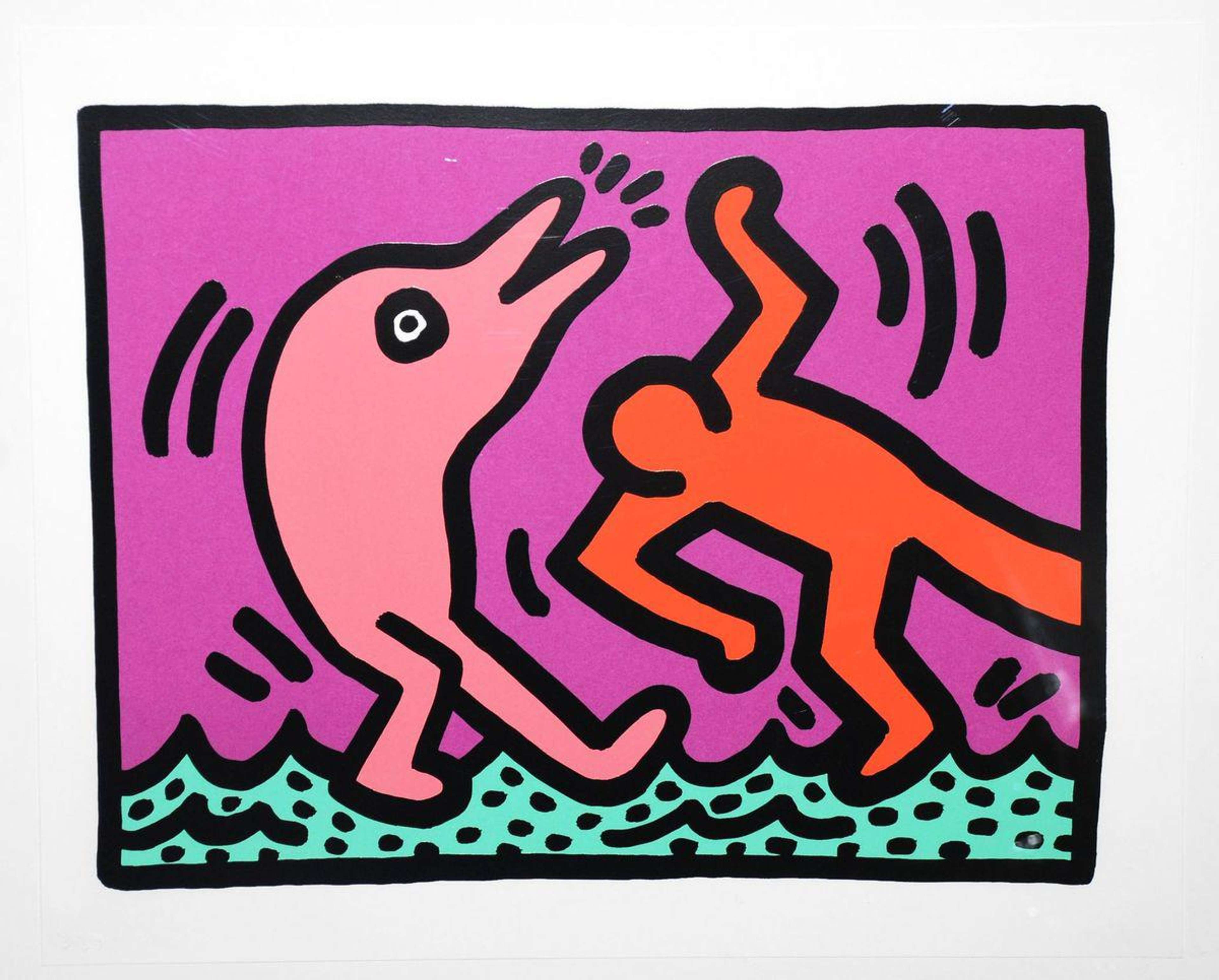 Sérigraphie Pop Art de Keith Haring intitulée « Pop Shop V, Plate IV », représentant un personnage rouge animé dansant à côté d'un dauphin rose.