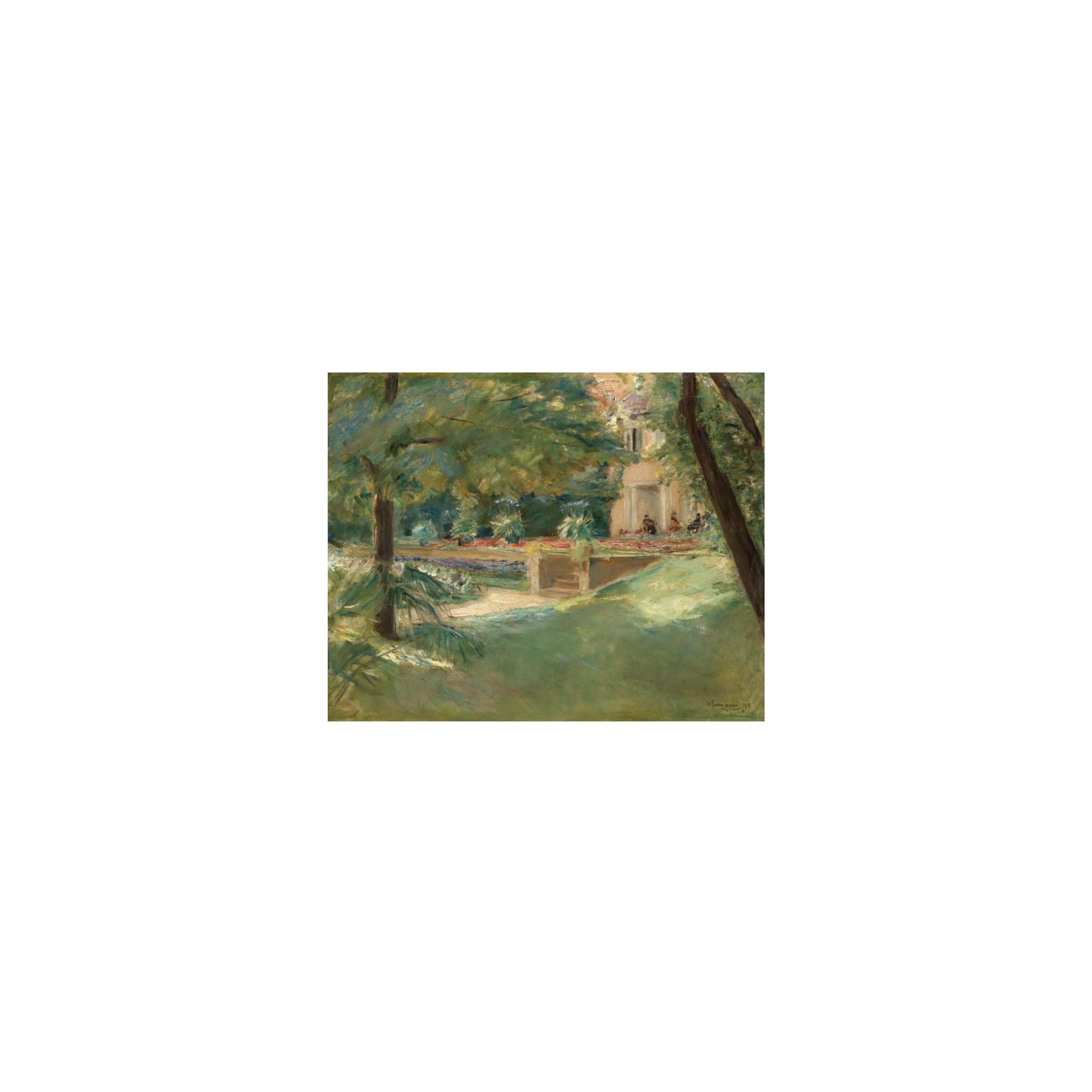 An Impressionistic painting of the view towards a flower terrace in a garden with sunlight filtering through trees, highlighting colourful flowerbeds and foliage. Between the viewer and the flower terrace is a stretch of lawn that covers the lower half of the painting; above the flower terrace is an ochre-stone villa, just visible behind the trees.