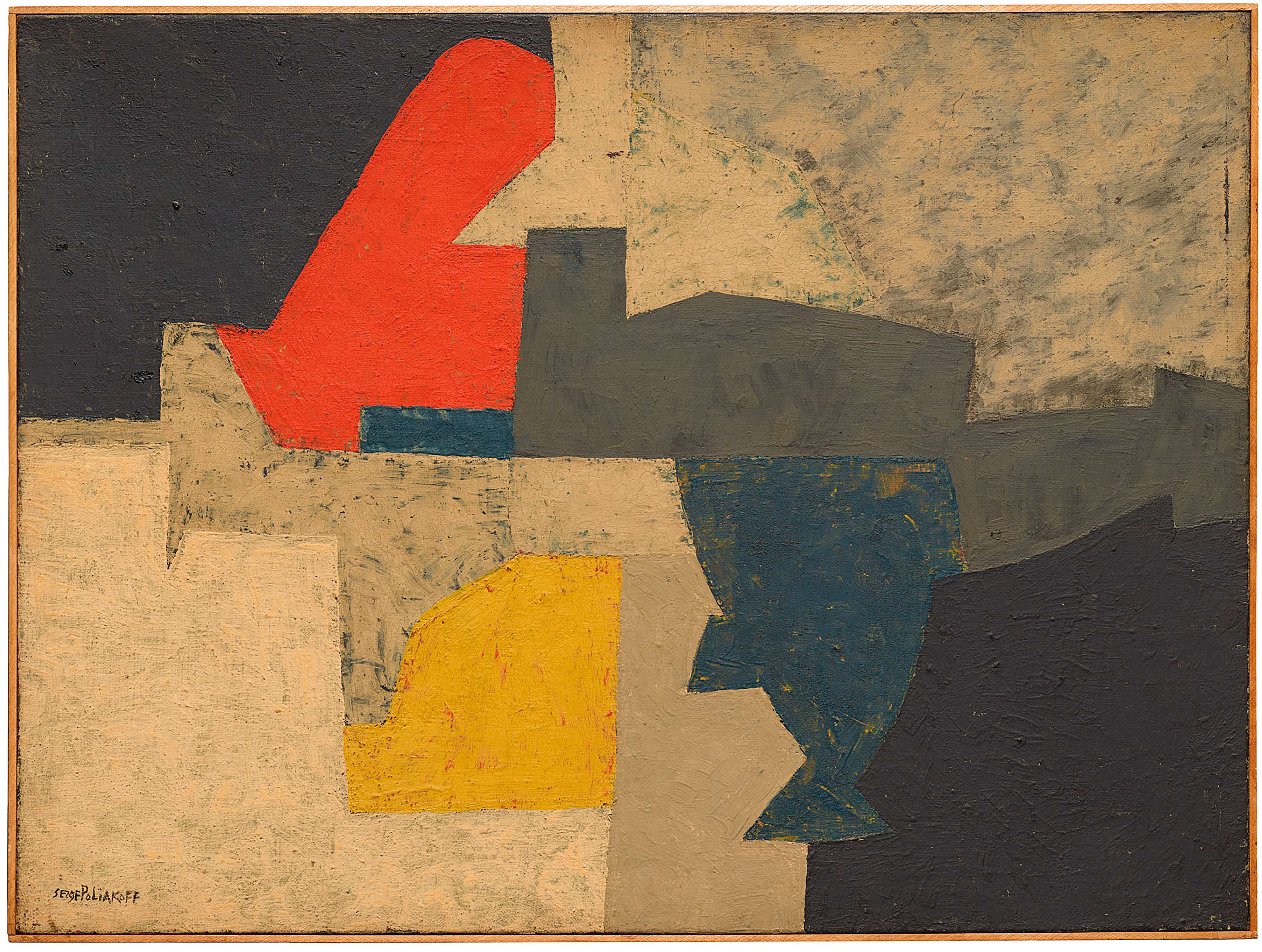 An oil painting featuring interlocking irregular shapes with bold contrasts of a single lipstick-red form surrounded by black, sandy beige, dark blue, and yellow areas. The composition is arranged with rough diagonal symmetry, and combines the earth tones of Poliakoff’s early career with the dramatic contrasts of his later career. 