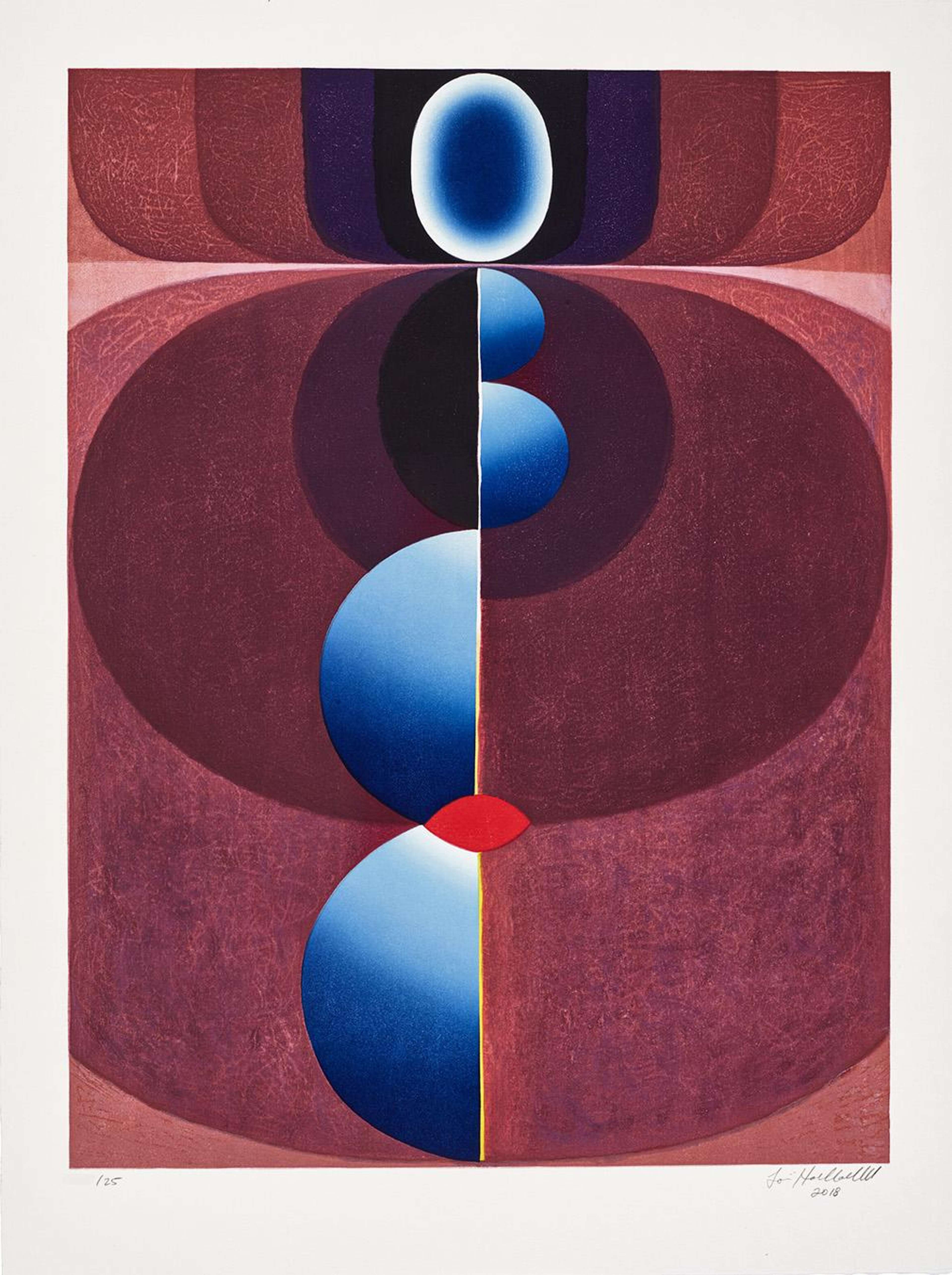 Une estampe abstraite intitulée « Standing In Shadow » de Loie Hollowell, présentant des formes audacieuses et superposées dans des nuances de bordeaux, de rose et de bleu. Une forme verticale centrale ressemble à une source lumineuse et éclatante.