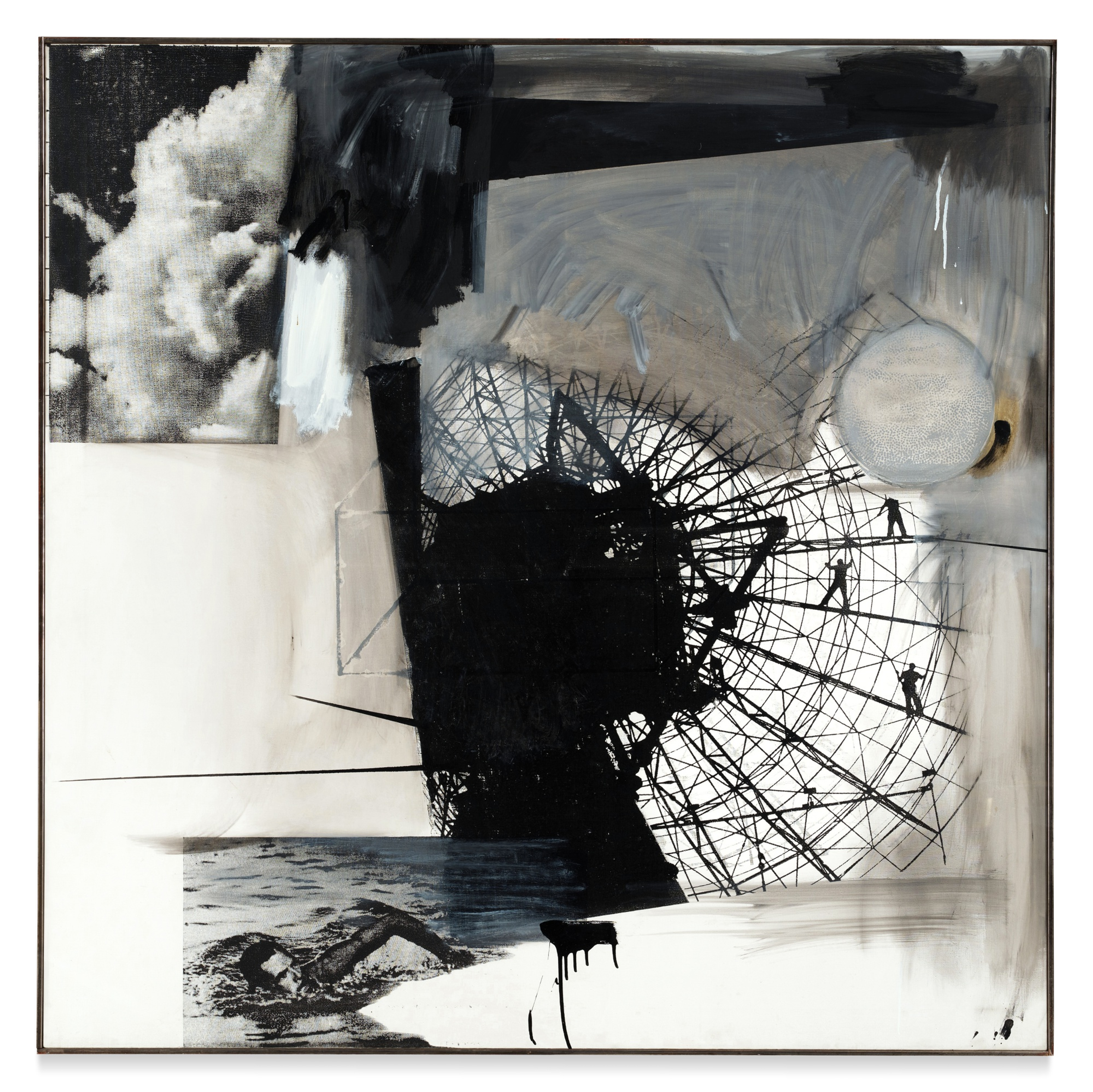 Dans cette œuvre, Rauschenberg juxtapose diverses images, notamment des nuages, la vue arrière d'une structure en verre et un nageur. La palette de couleurs est monochrome.