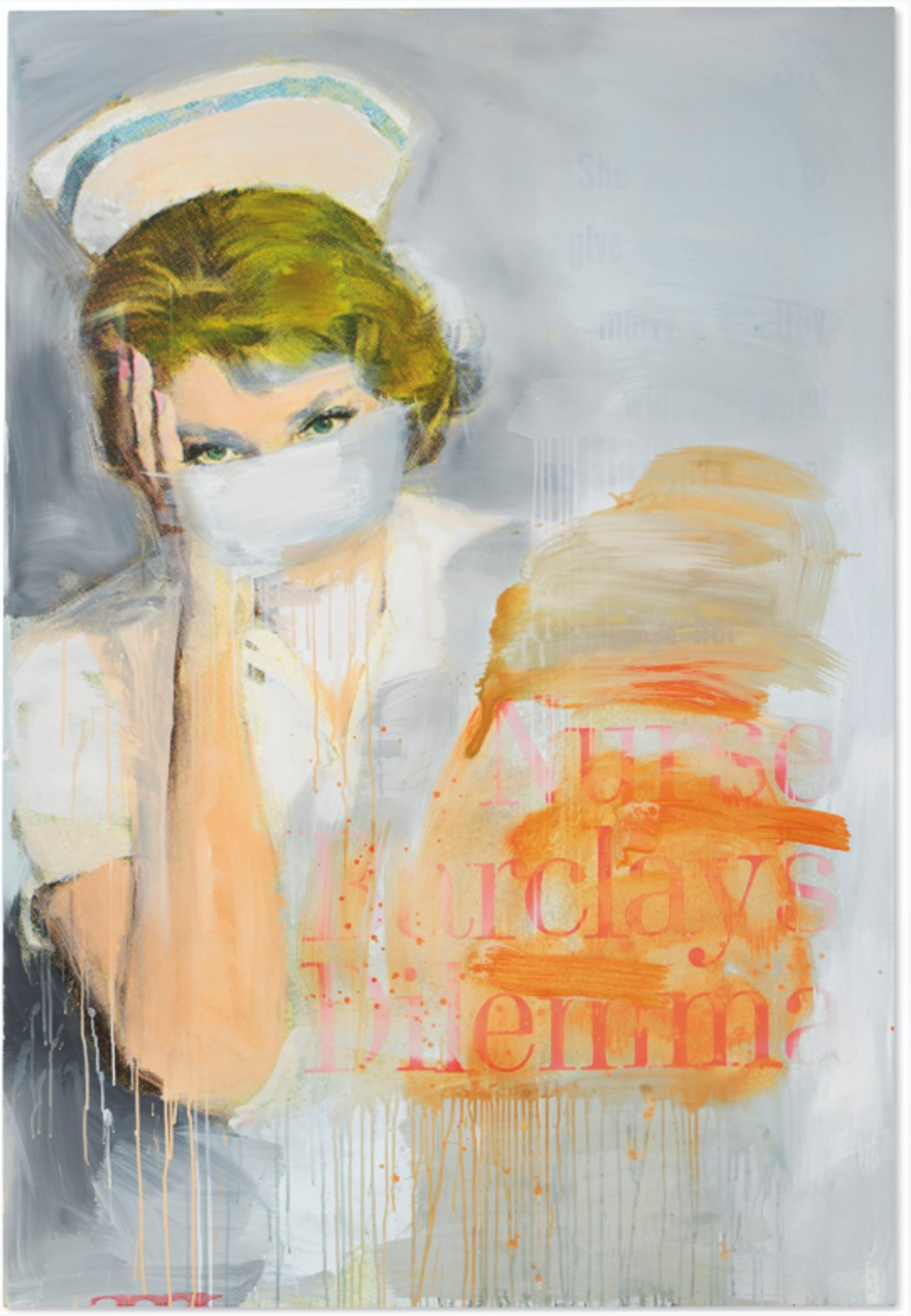 A vintage painting of a figure in a nurse's cap and mask with bright yellow-green hair. She puts one hand to her tilted head, as if in distress. The background is a hazy grey, with watery orange strokes of paint covering the words “Nurse Barclay’s Dilemma” in the centre-right. 