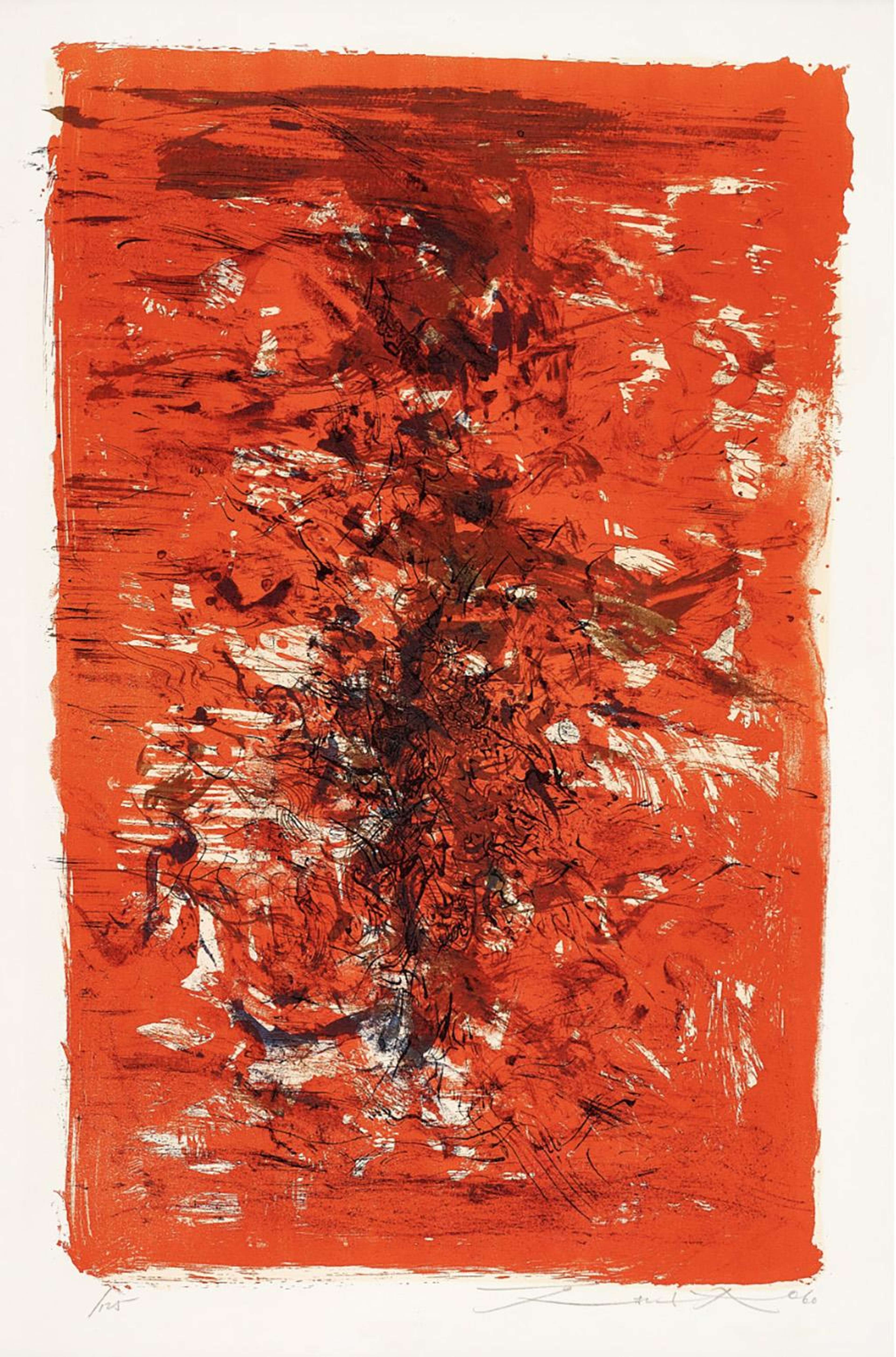 Une peinture abstraite avec des coups de pinceau forts, bruts et expressifs. Elle est principalement dans des tons de rouge, les plus sombres au centre.