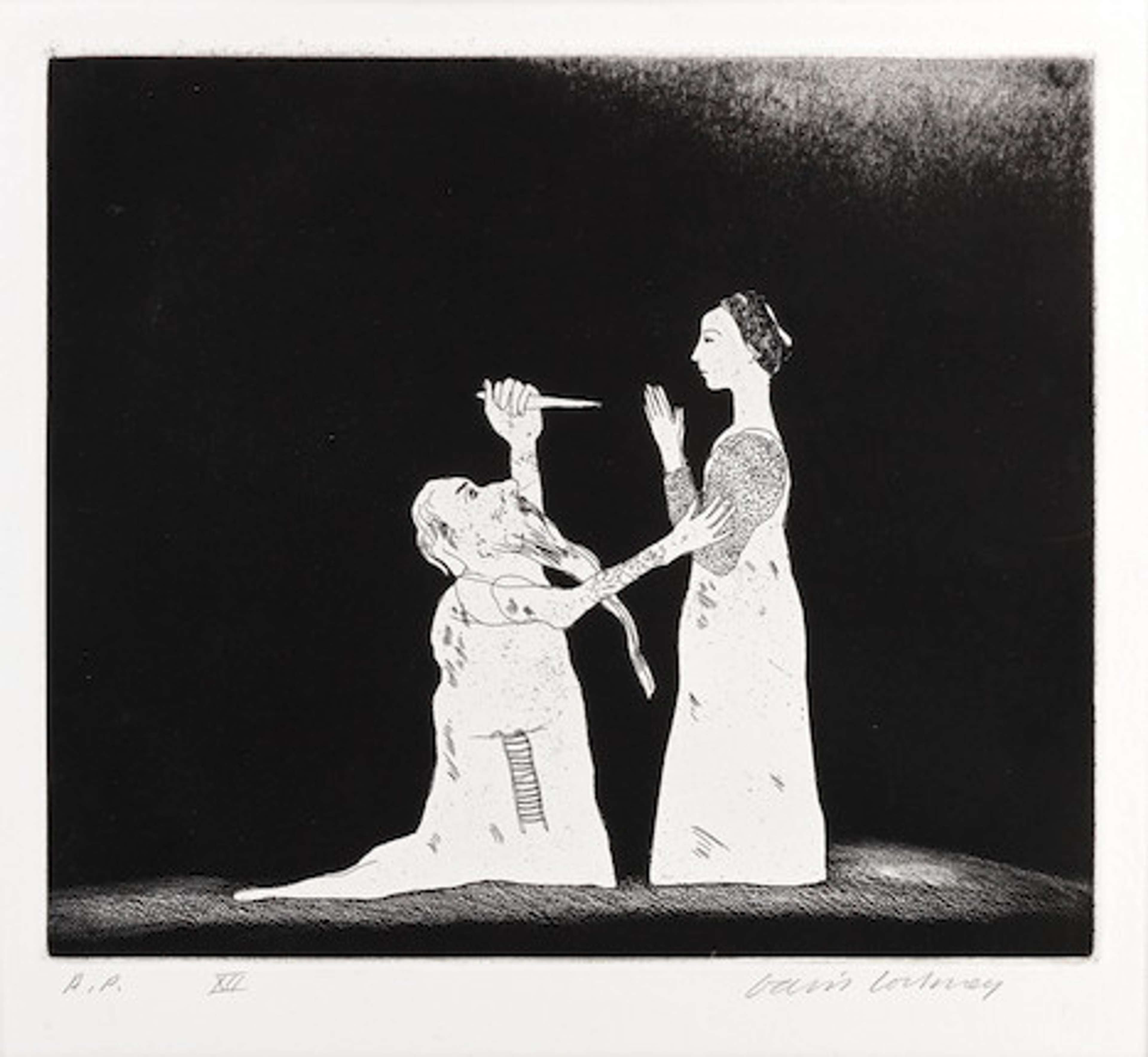Une eau-forte monochrome de David Hockney représentant un homme à genoux tenant un couteau levé vers une femme en robe, située à droite de la composition.