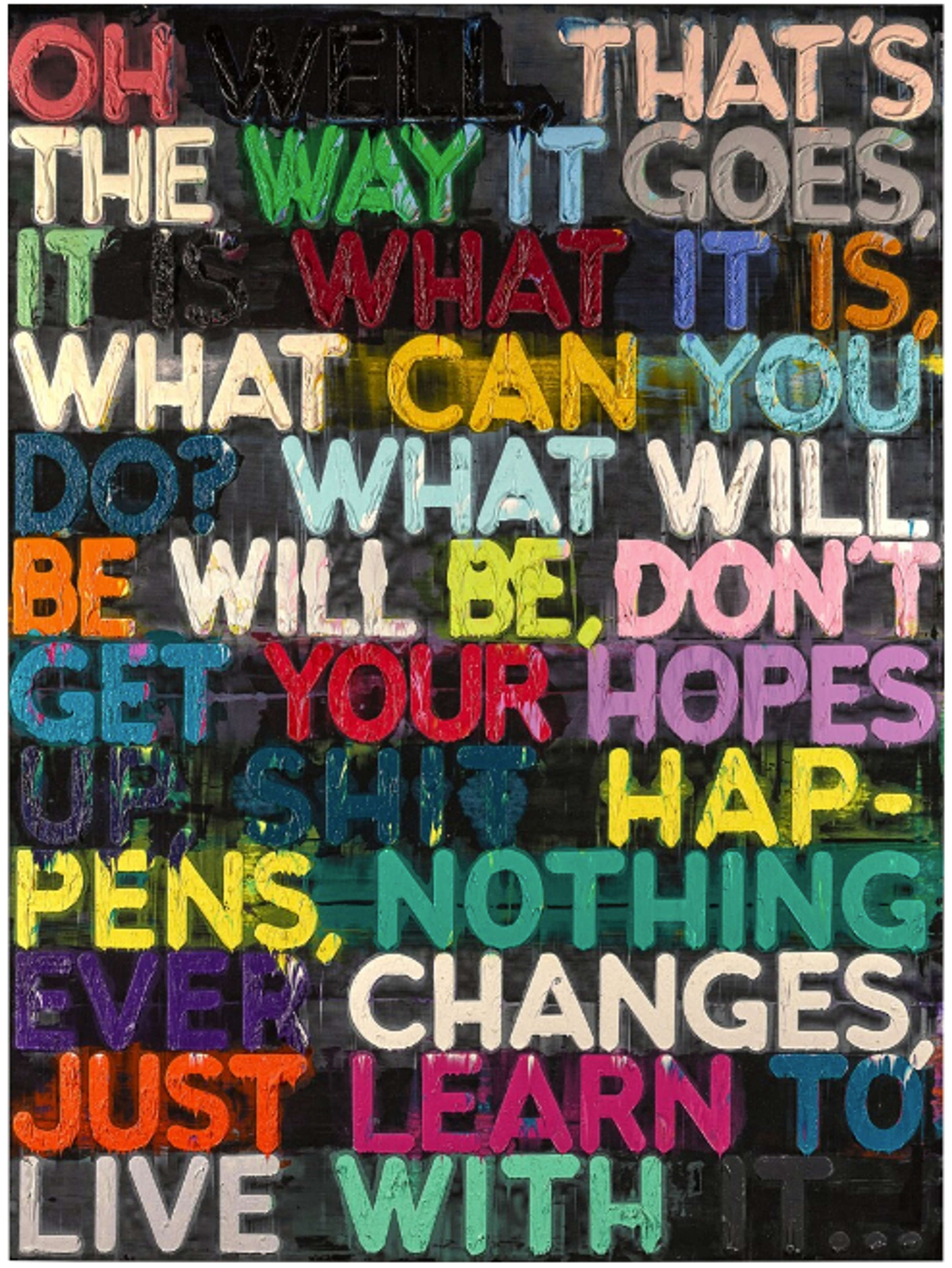  Vibrant and brightly coloured words fill the canvas from top to bottom, displaying nuanced phrases of unpredictability. The diverse range of colours and bold lettering adds visual impact, while the abstracted background creates a dynamic and engaging composition.