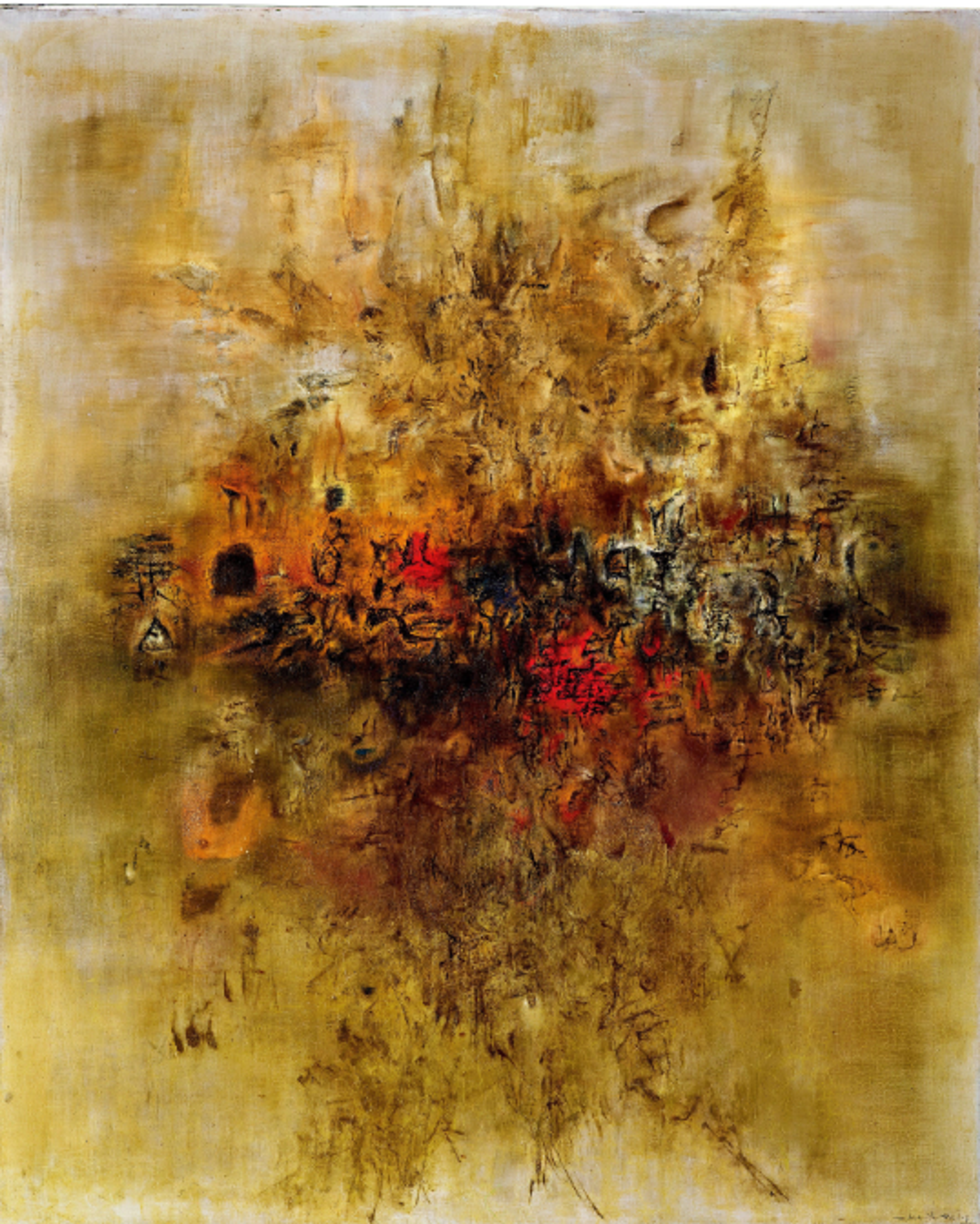 An abstract painting with a pale gold background and central concentration of textural elements in amber, red, and dark brown. The composition resembles an organic form or explosion emanating from the centre of the canvas.