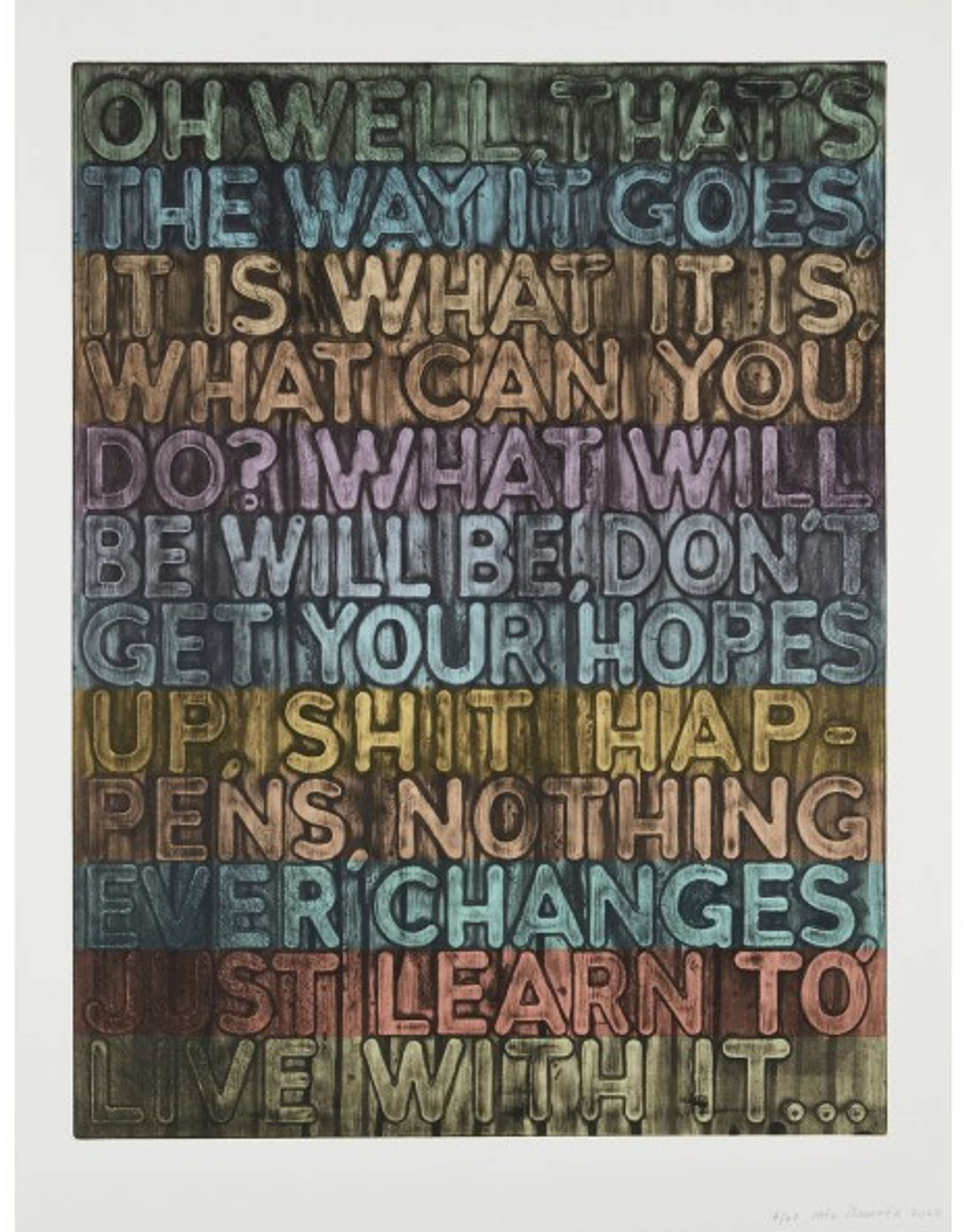 Une œuvre abstraite aux teintes de couleurs équilibrées, fusionnant et s'écoulant horizontalement. Le motif harmonieux présente des phrases superposées telles que « Oh well, that's the way it goes, it is what it is », et d'autres dans des couleurs assorties.
