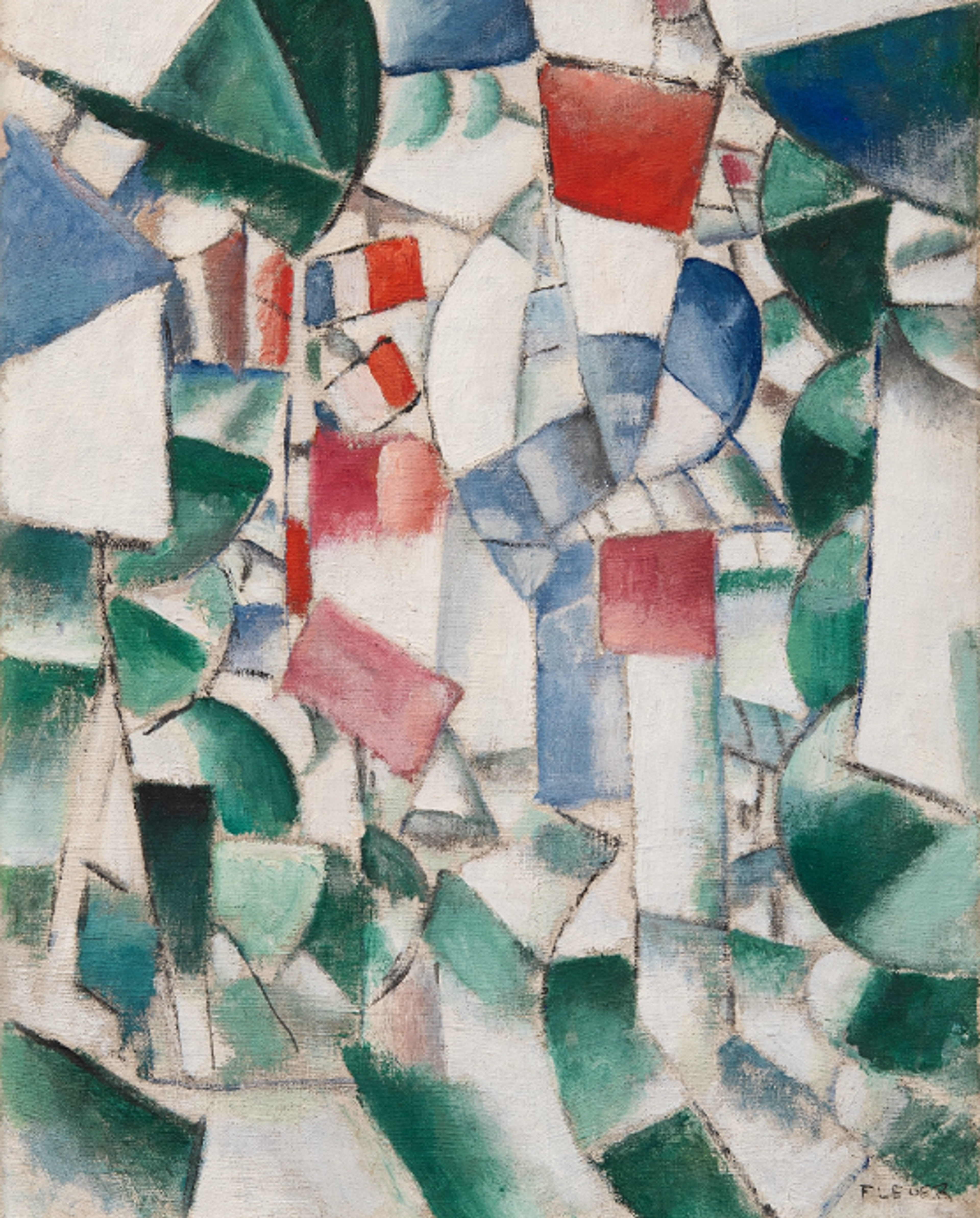 A Cubist painting with fragmented geometric shapes in teal-green, red, and blue. The composition features overlapping transparent planes, creating a sense of movement and depth. Small colourful elements are distributed throughout the canvas in a rhythmic pattern, with white areas providing contrast to the coloured forms.
