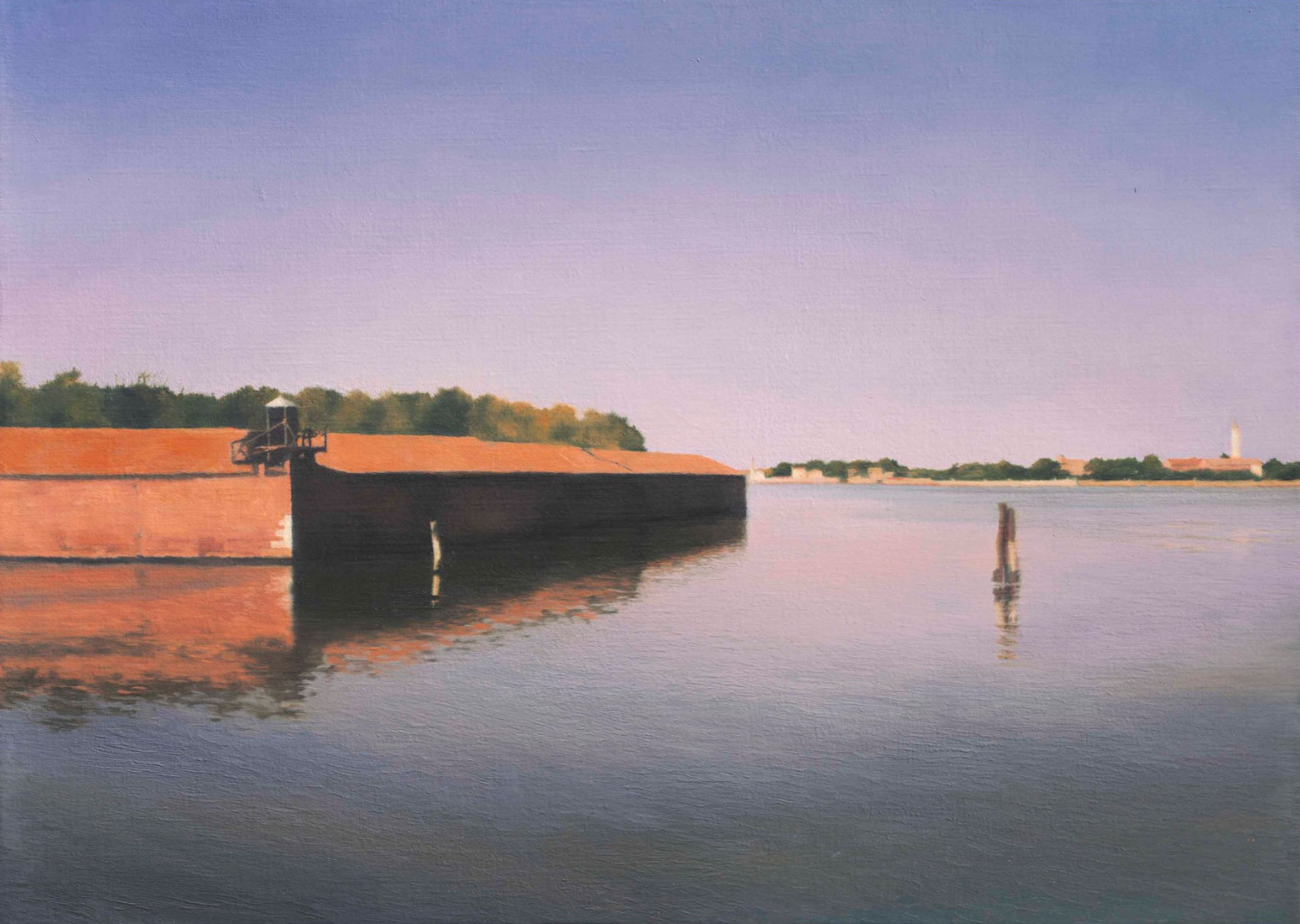 Peinture photoréaliste de Gerhard Richter, représentant les eaux chatoyantes qui servent de porte d'accès à Venise. La lueur chaude du crépuscule provenant du ciel se reflète dans l'eau bleue.